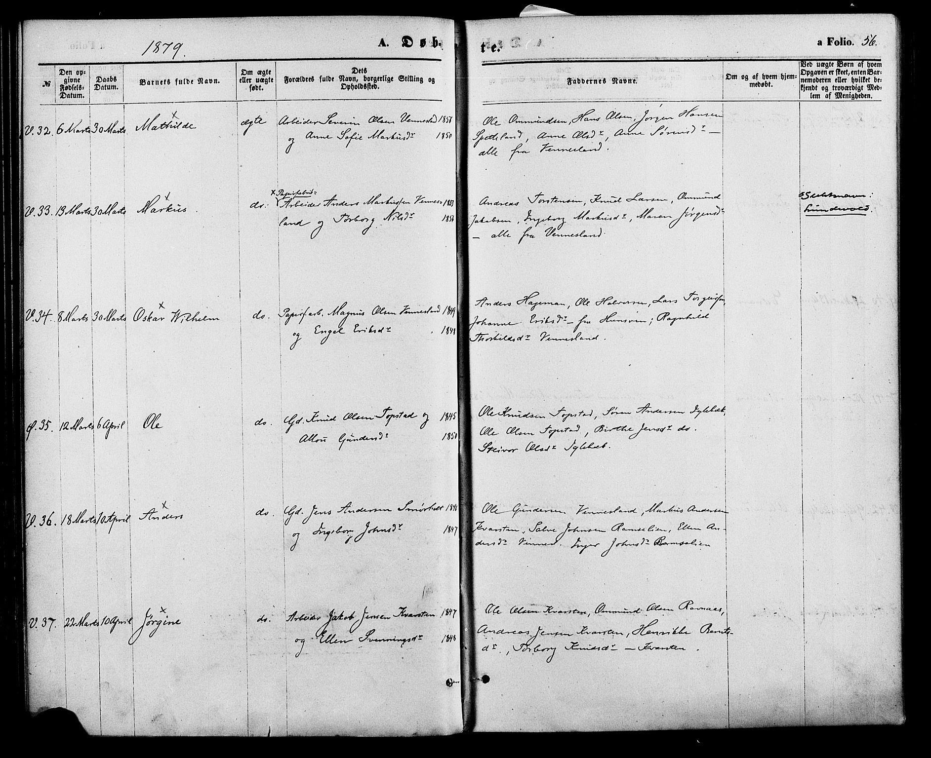 Vennesla sokneprestkontor, AV/SAK-1111-0045/Fa/Fac/L0008: Parish register (official) no. A 8, 1874-1883, p. 56