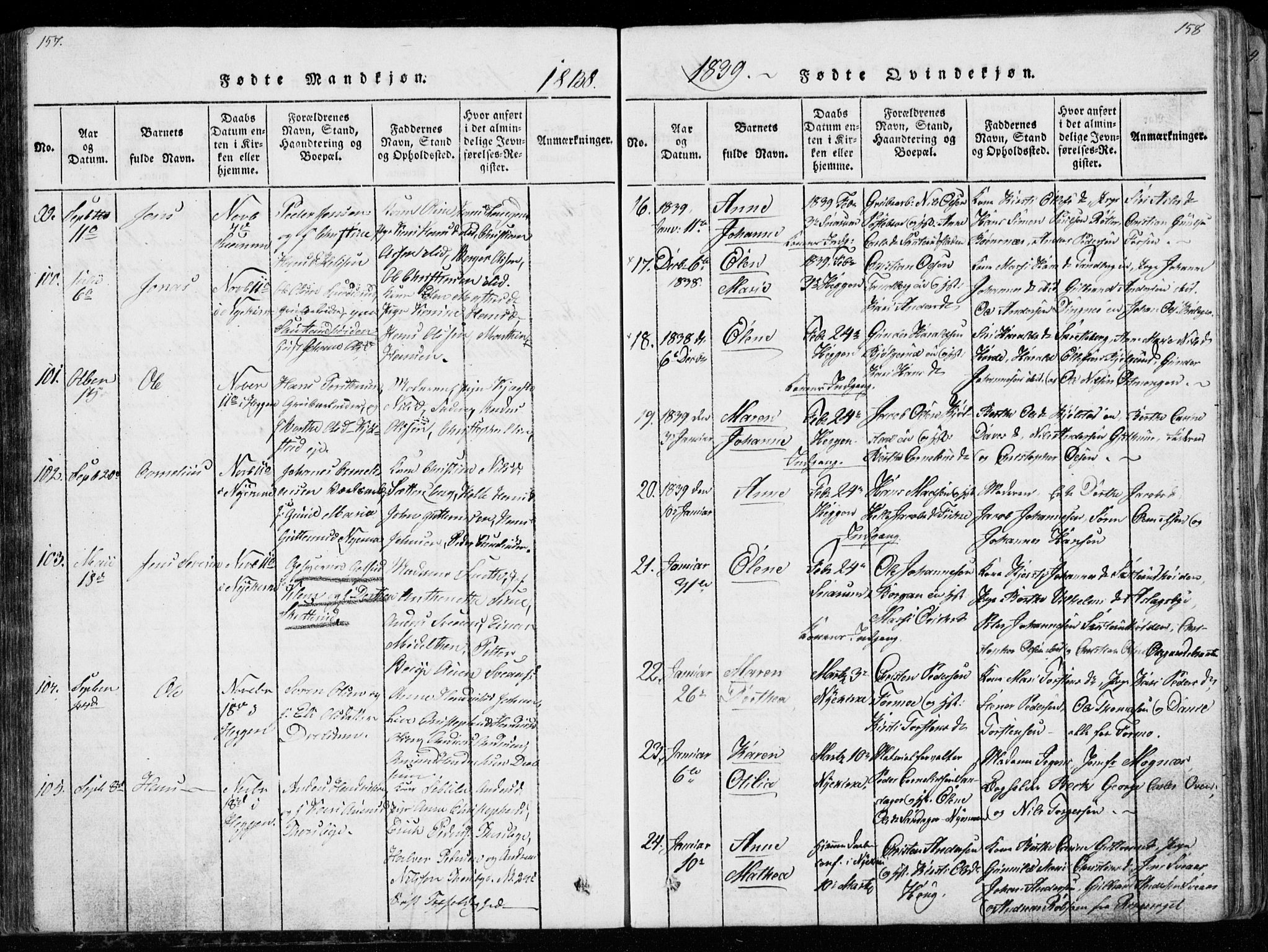 Modum kirkebøker, AV/SAKO-A-234/G/Ga/L0003: Parish register (copy) no. I 3, 1832-1842, p. 157-158