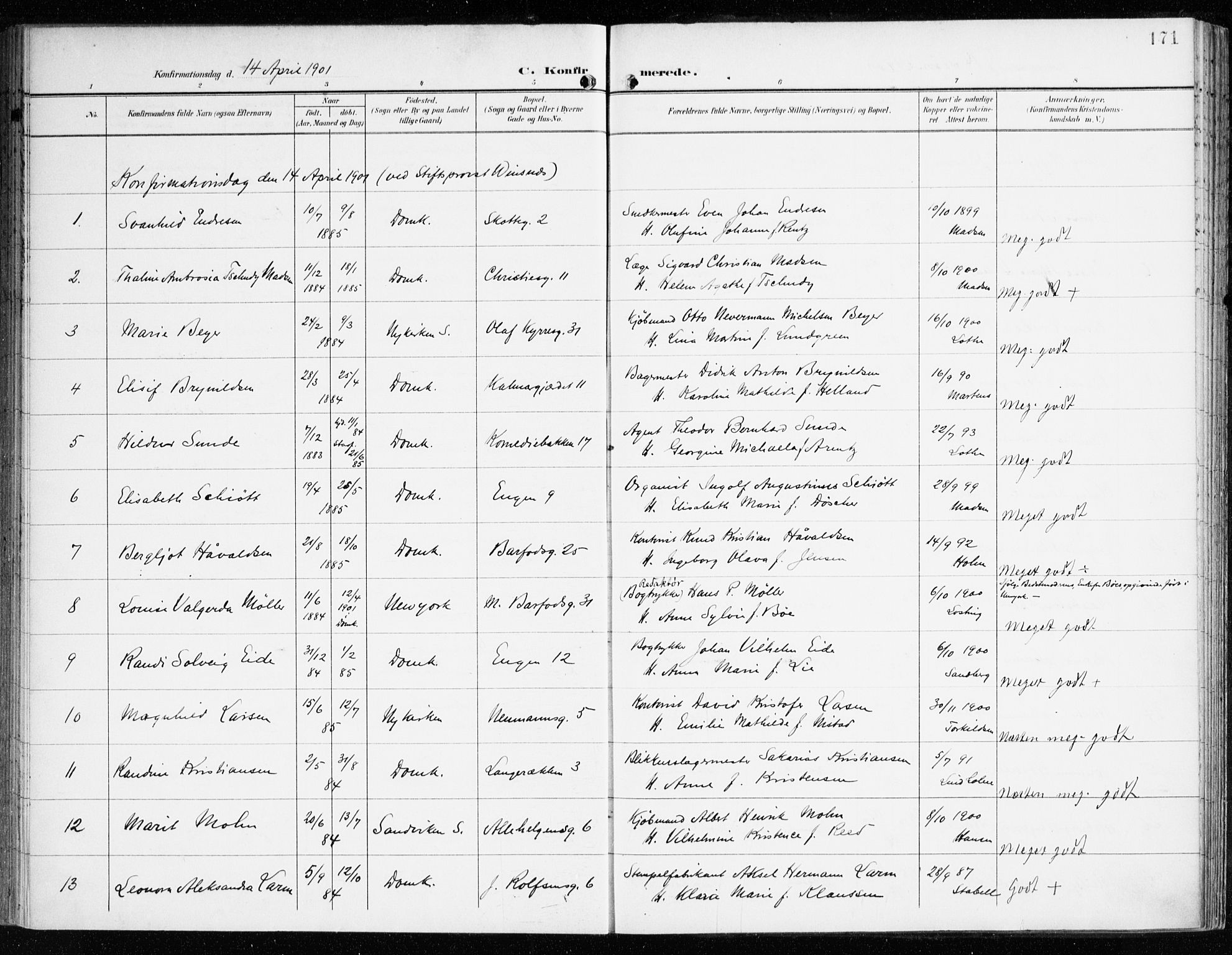 Domkirken sokneprestembete, SAB/A-74801/H/Haa/L0031: Parish register (official) no. C 6, 1898-1915, p. 171