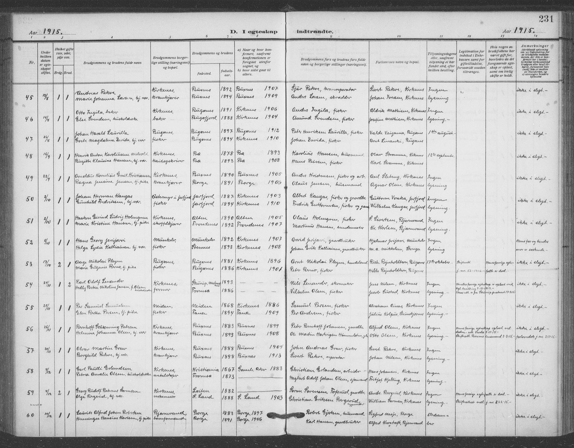 Sør-Varanger sokneprestkontor, AV/SATØ-S-1331/H/Ha/L0005kirke: Parish register (official) no. 5, 1909-1919, p. 231