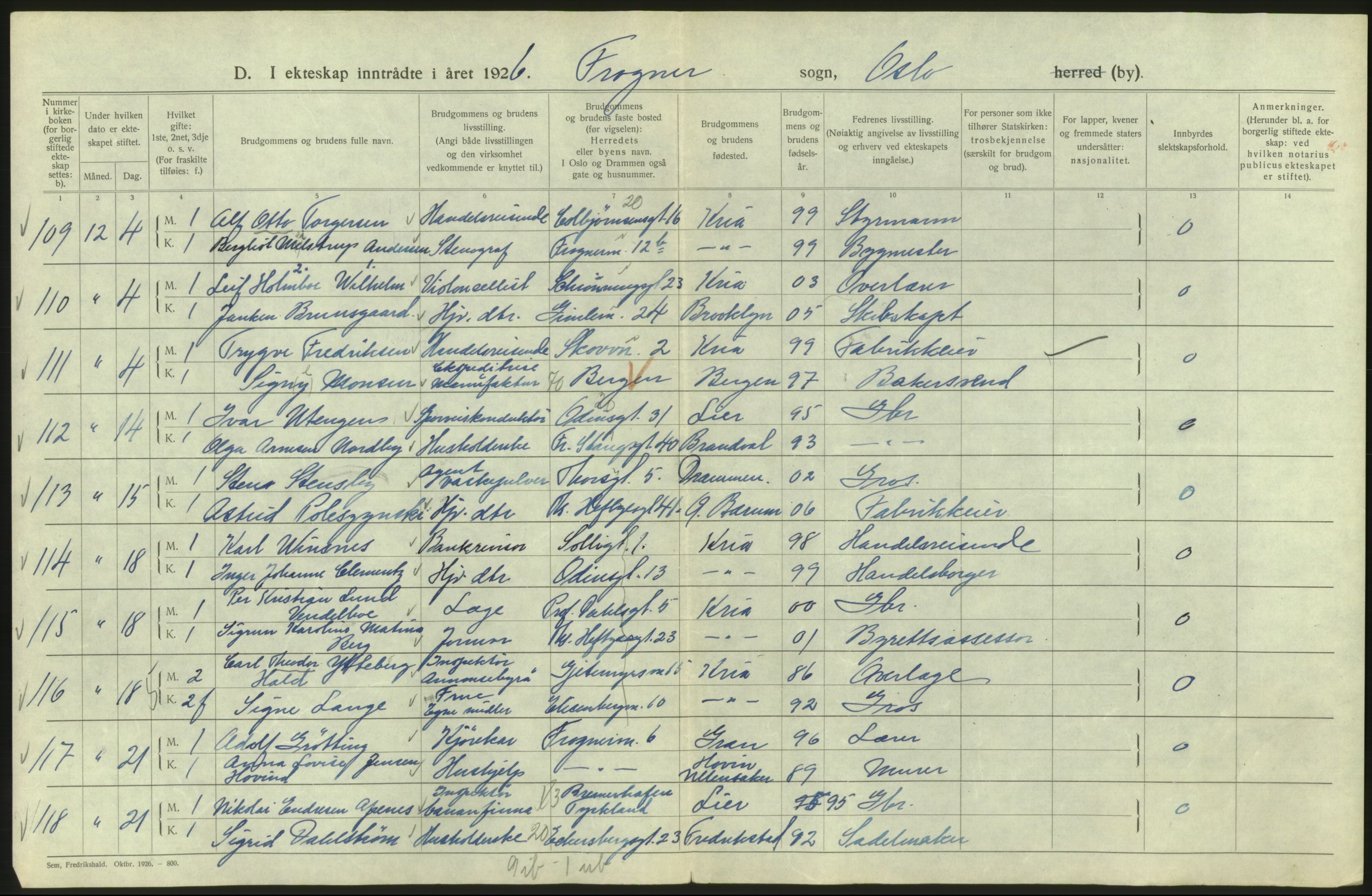 Statistisk sentralbyrå, Sosiodemografiske emner, Befolkning, AV/RA-S-2228/D/Df/Dfc/Dfcf/L0008: Oslo: Gifte, 1926, p. 230