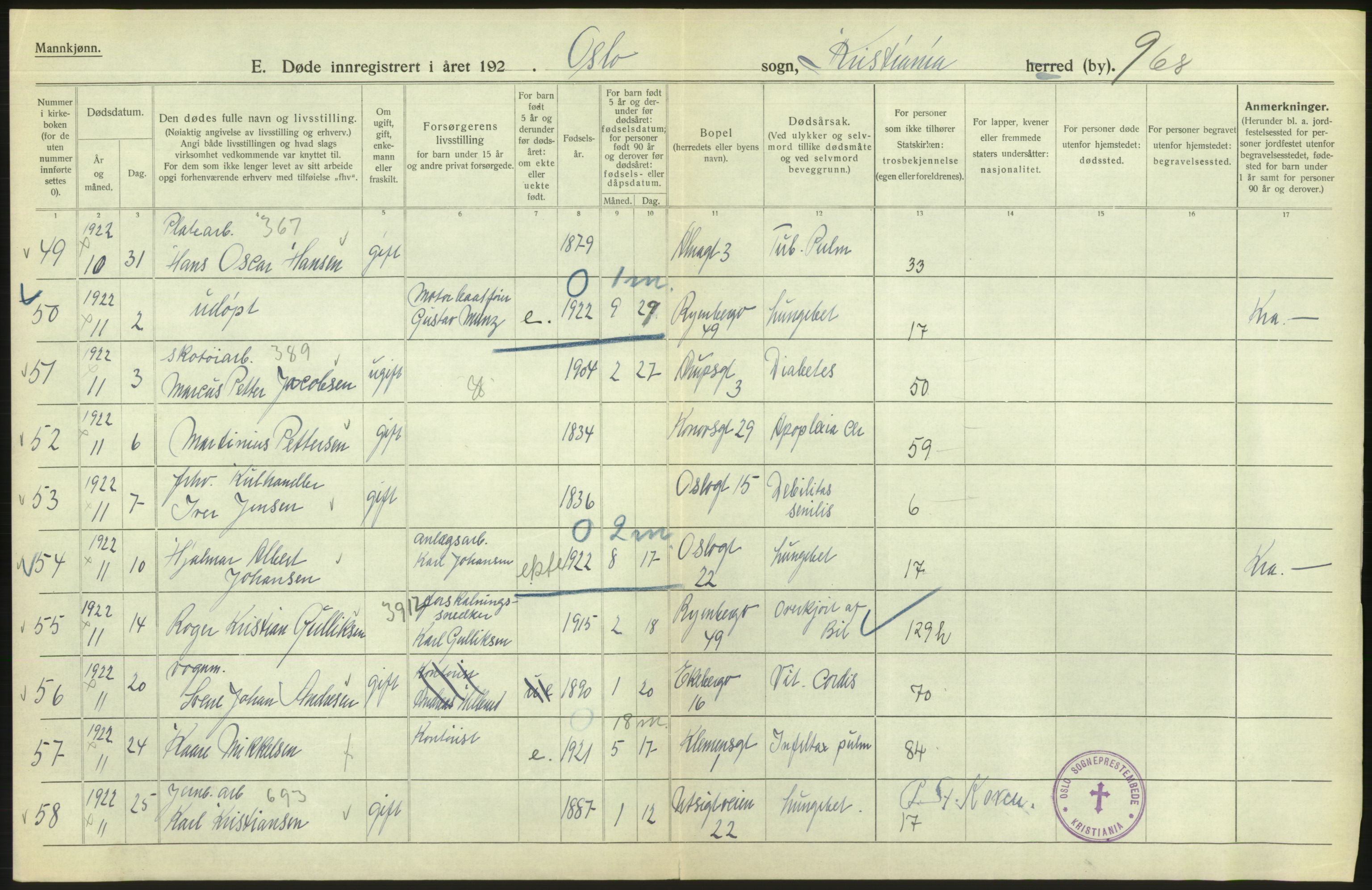 Statistisk sentralbyrå, Sosiodemografiske emner, Befolkning, AV/RA-S-2228/D/Df/Dfc/Dfcb/L0010: Kristiania: Døde, dødfødte, 1922, p. 468