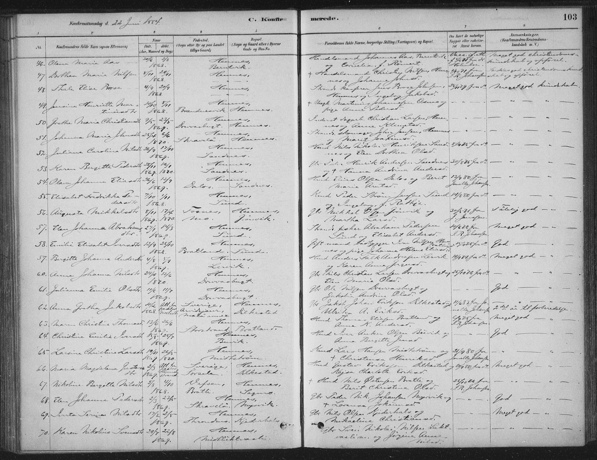 Ministerialprotokoller, klokkerbøker og fødselsregistre - Nordland, AV/SAT-A-1459/825/L0361: Parish register (official) no. 825A15, 1878-1893, p. 103