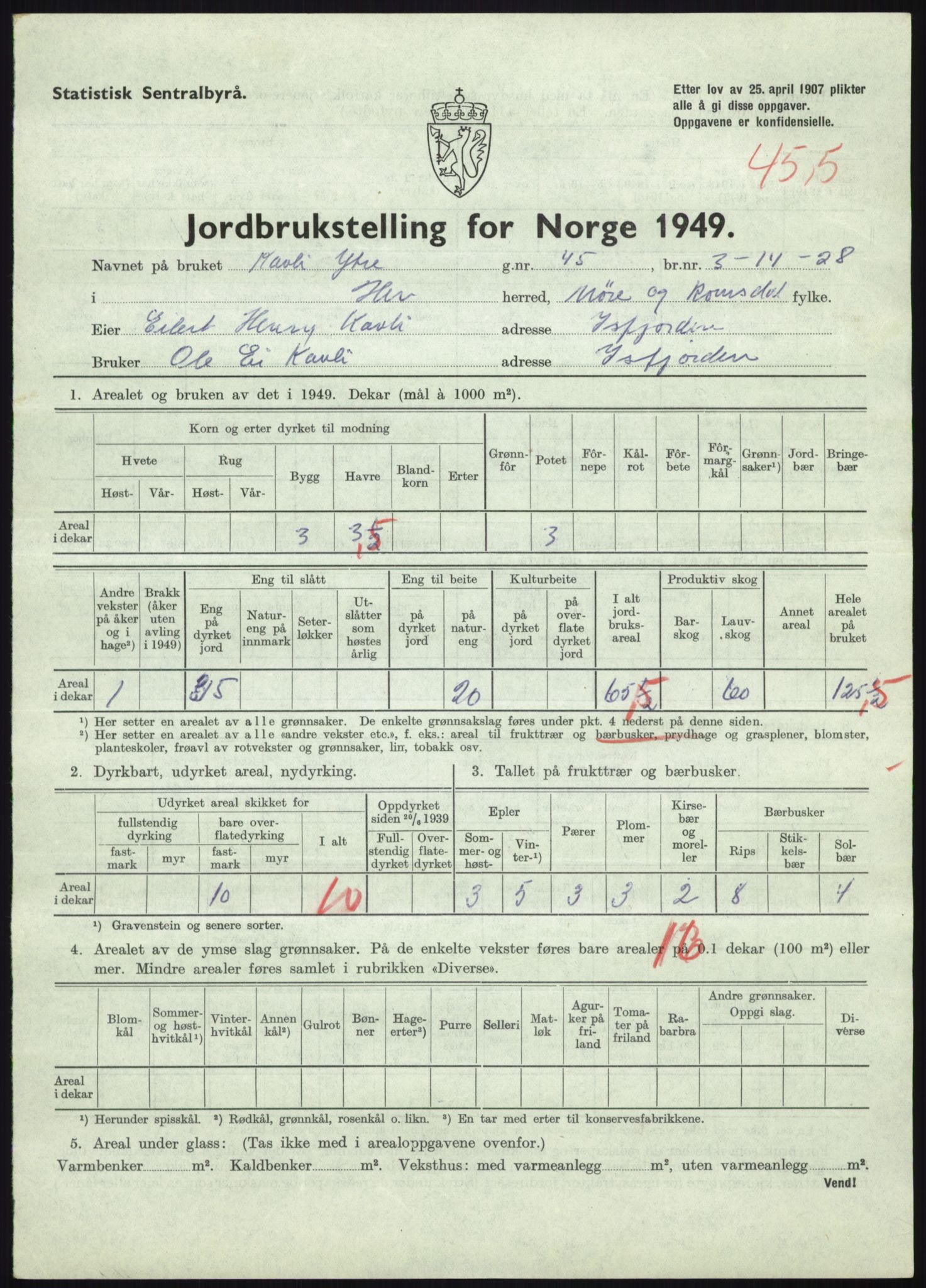 Statistisk sentralbyrå, Næringsøkonomiske emner, Jordbruk, skogbruk, jakt, fiske og fangst, AV/RA-S-2234/G/Gc/L0323: Møre og Romsdal: Grytten og Hen, 1949, p. 807