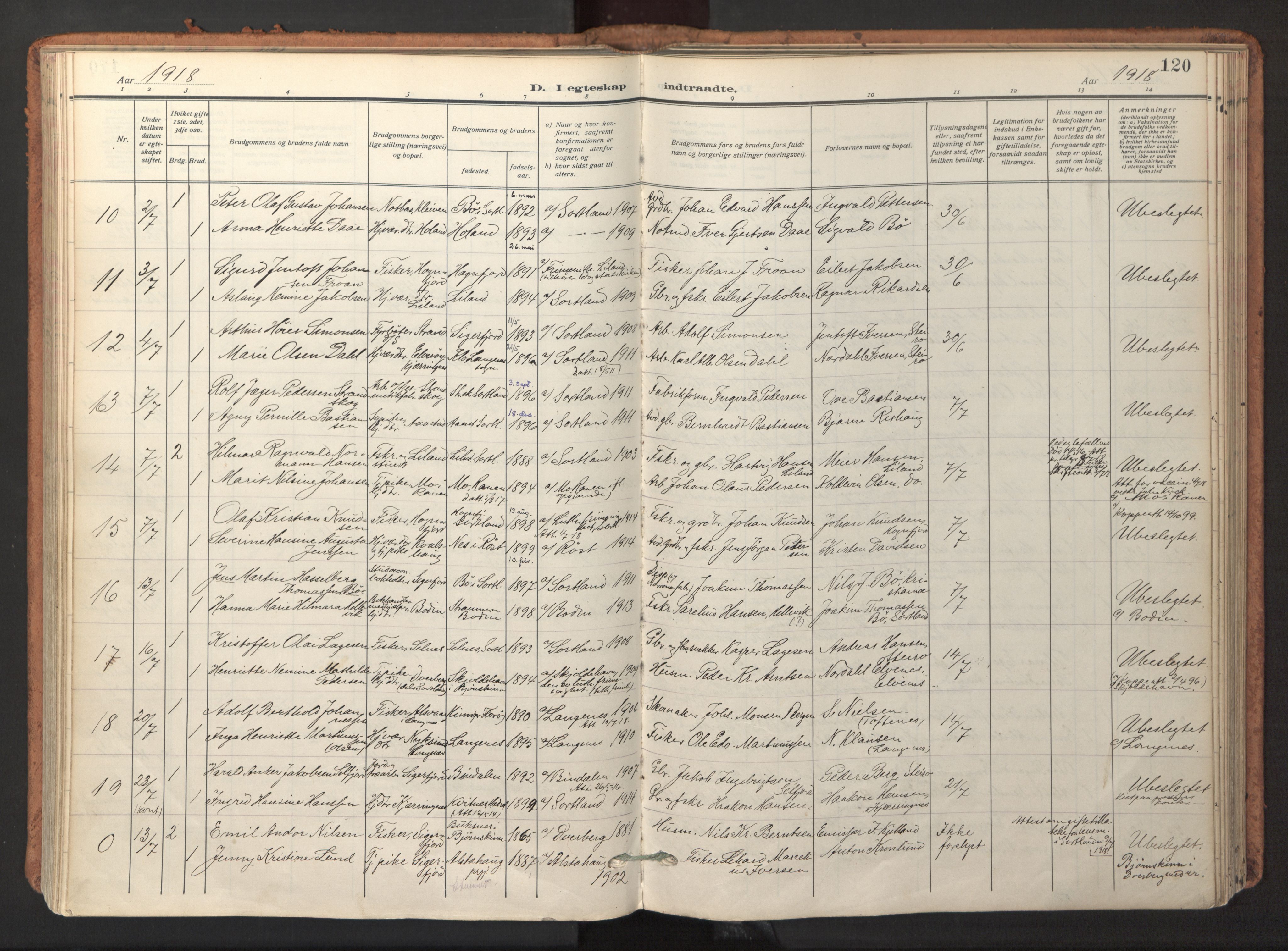 Ministerialprotokoller, klokkerbøker og fødselsregistre - Nordland, AV/SAT-A-1459/895/L1374: Parish register (official) no. 895A09, 1915-1925, p. 120