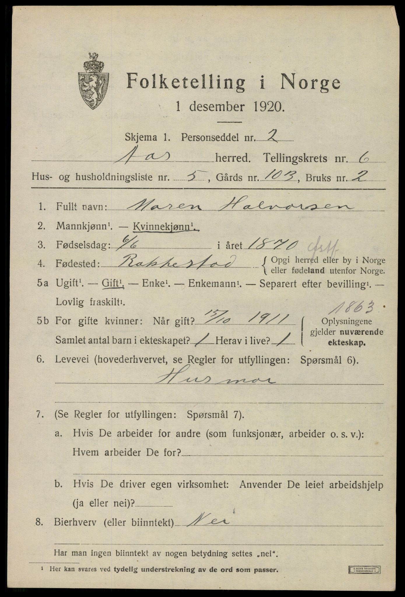 SAO, 1920 census for Ås, 1920, p. 6900