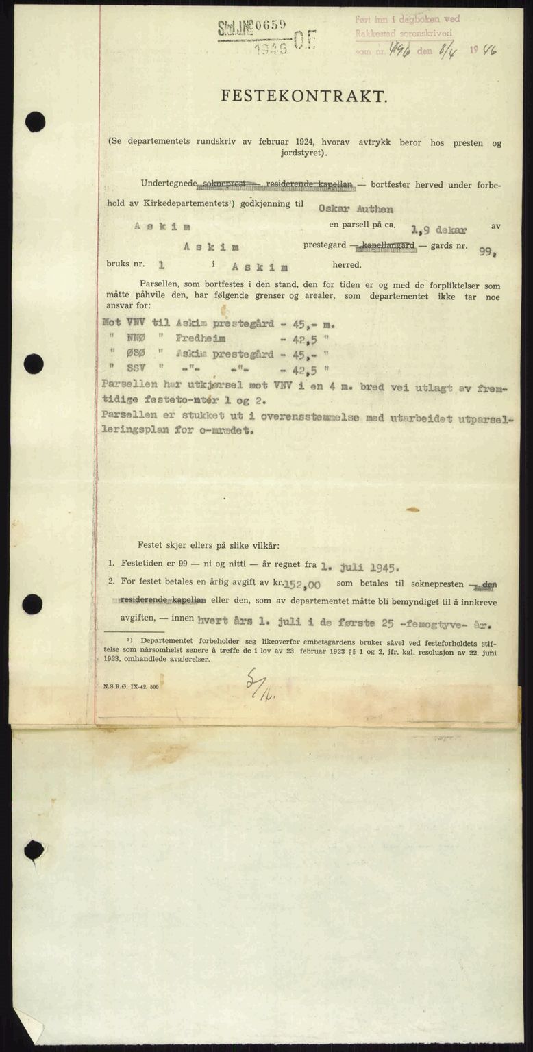 Rakkestad sorenskriveri, AV/SAO-A-10686/G/Gb/Gba/Gbab/L0012a: Mortgage book no. A12 I, 1945-1946, Diary no: : 495/1946