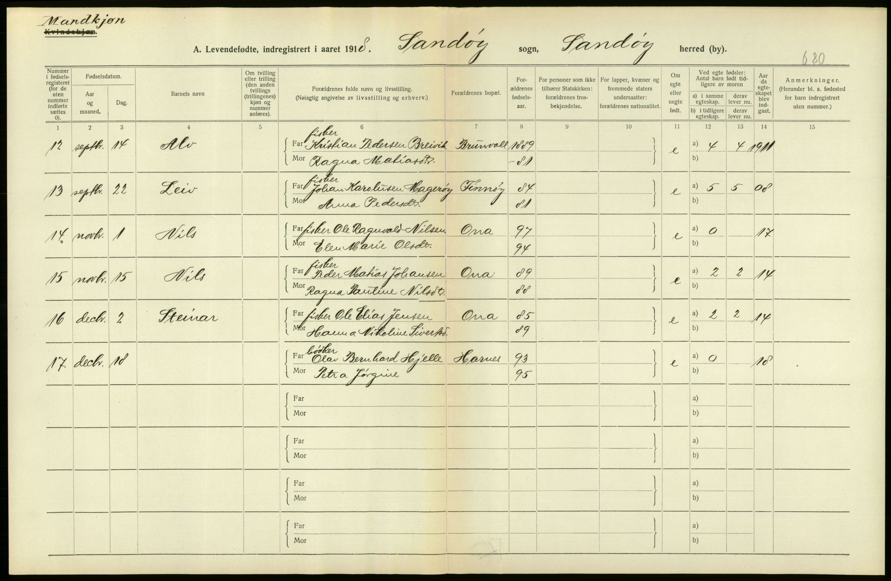 Statistisk sentralbyrå, Sosiodemografiske emner, Befolkning, RA/S-2228/D/Df/Dfb/Dfbh/L0043: Møre fylke: Levendefødte menn og kvinner. Bygder., 1918, p. 604