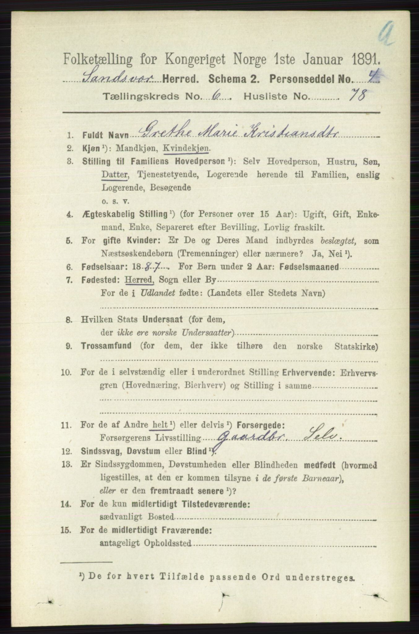 RA, 1891 census for 0629 Sandsvær, 1891, p. 3895