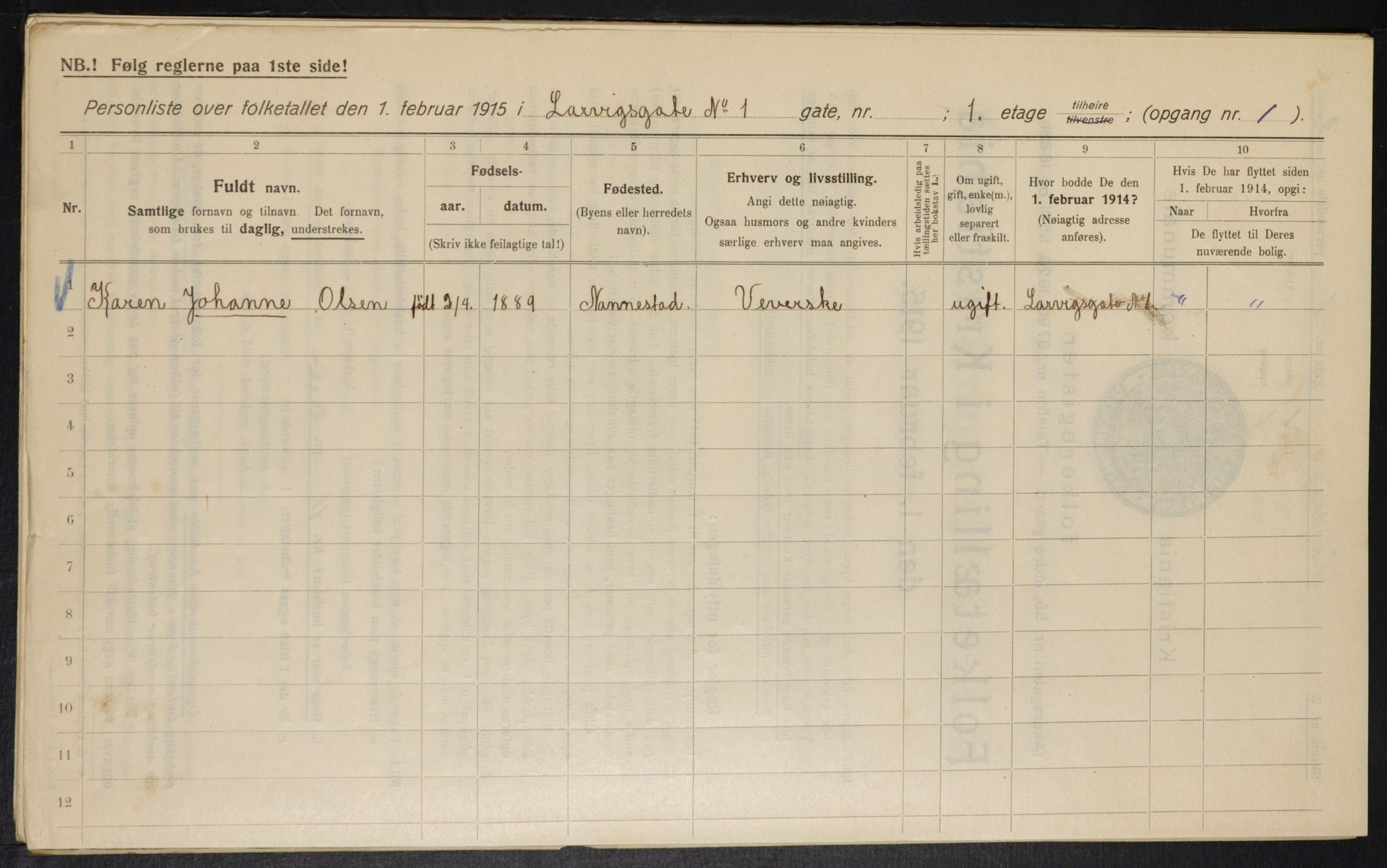 OBA, Municipal Census 1915 for Kristiania, 1915, p. 56578