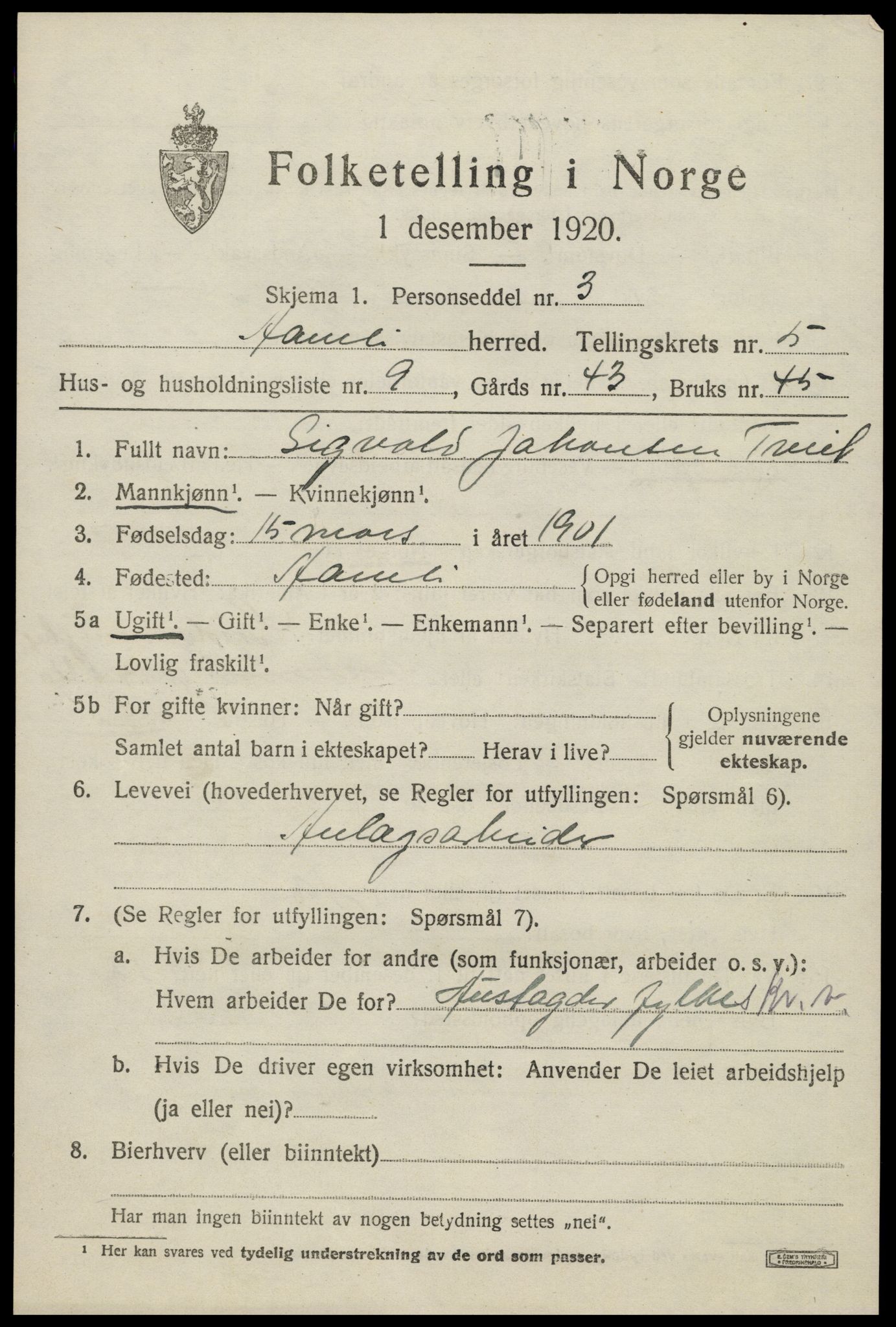 SAK, 1920 census for Åmli, 1920, p. 2373