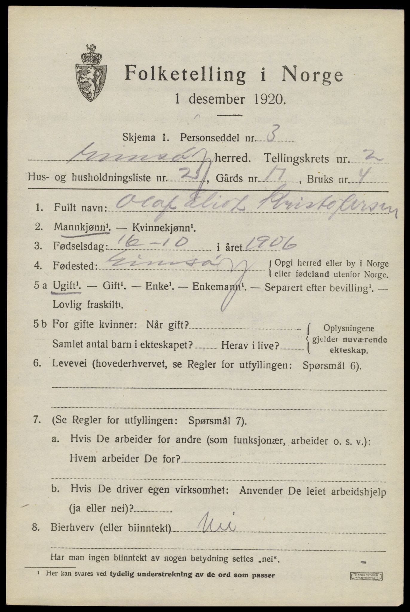 SAT, 1920 census for Gimsøy, 1920, p. 1303