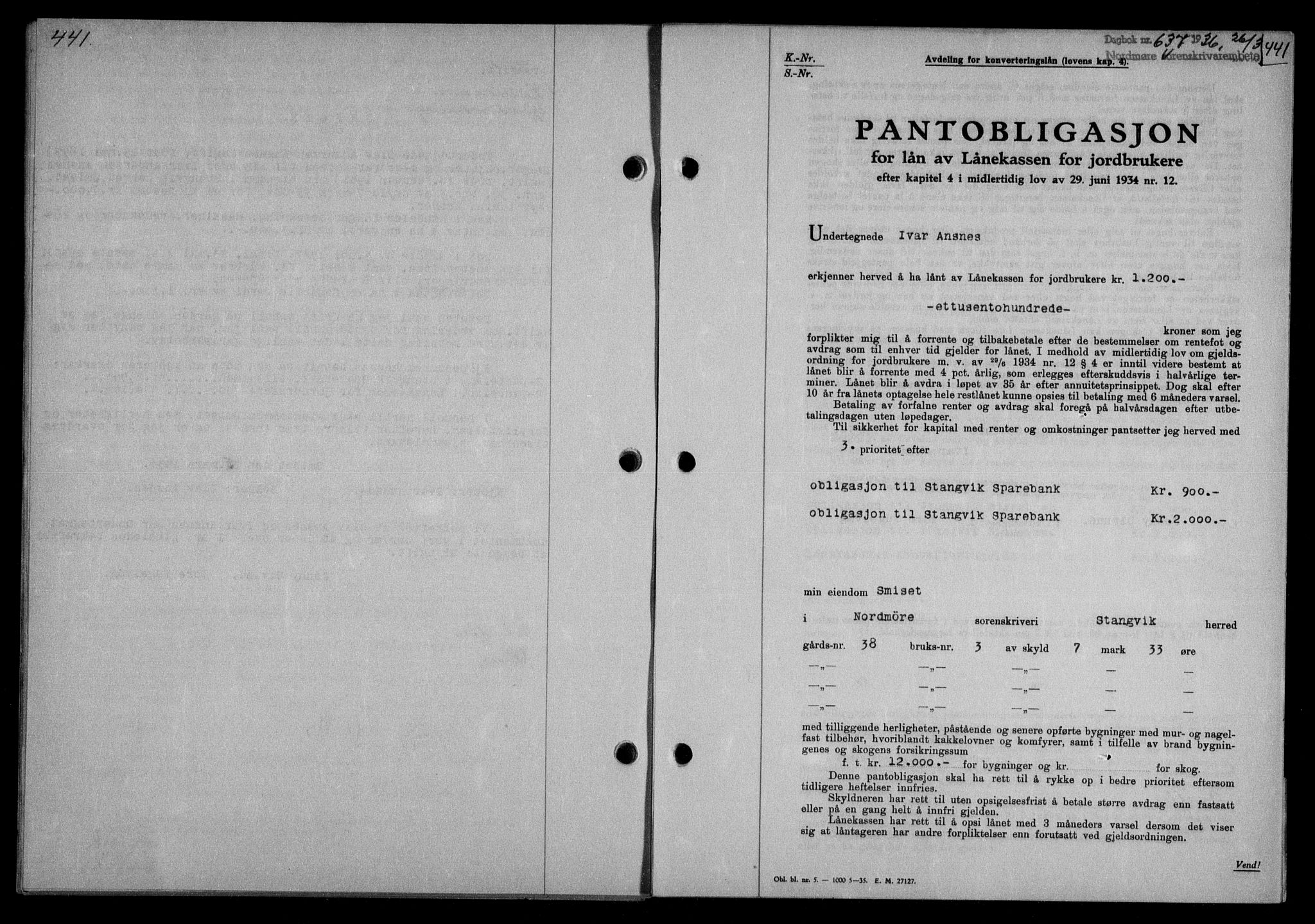 Nordmøre sorenskriveri, AV/SAT-A-4132/1/2/2Ca/L0087: Mortgage book no. 77, 1935-1936, Deed date: 26.03.1936