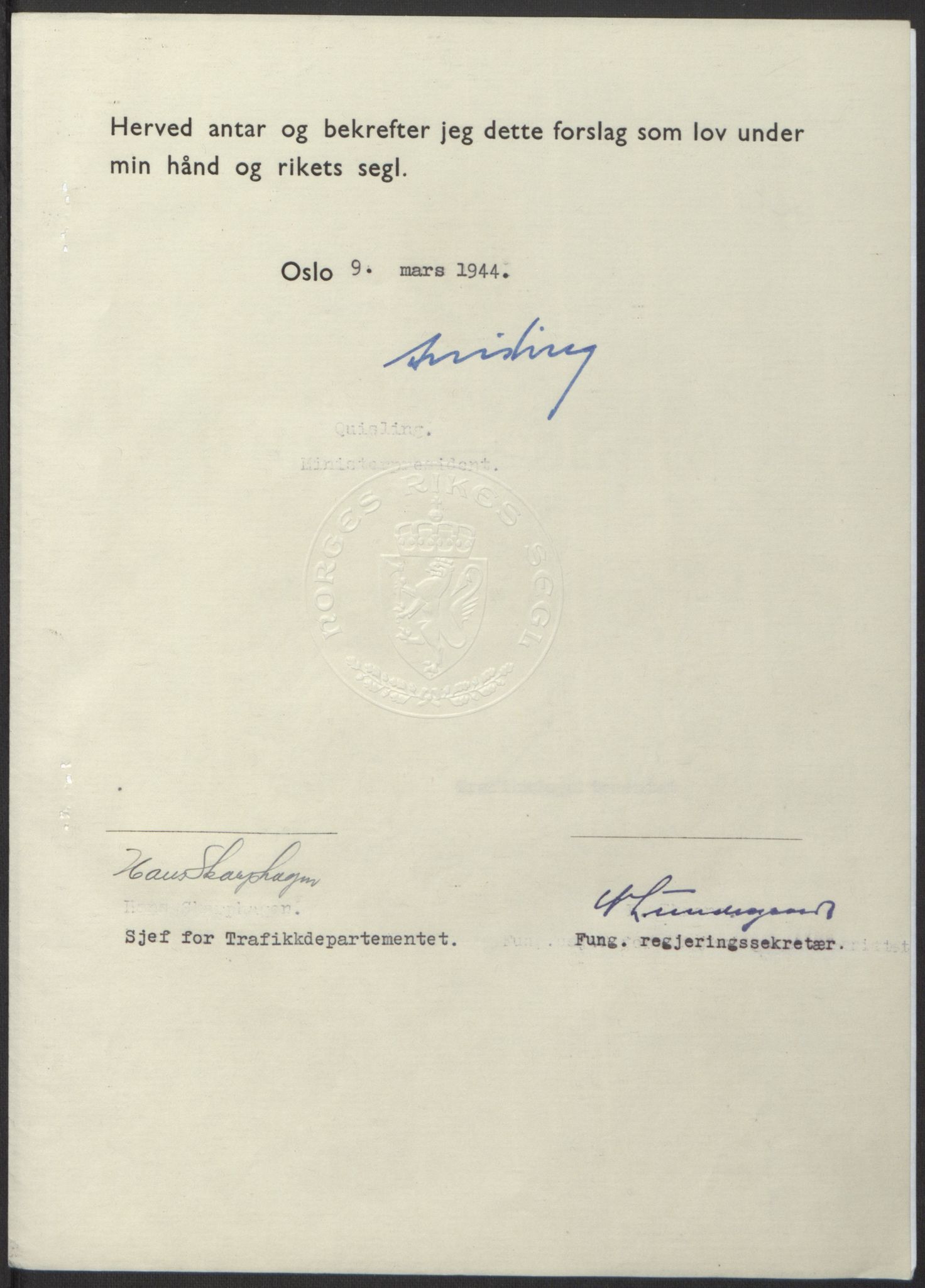 NS-administrasjonen 1940-1945 (Statsrådsekretariatet, de kommisariske statsråder mm), AV/RA-S-4279/D/Db/L0100: Lover, 1944, p. 129