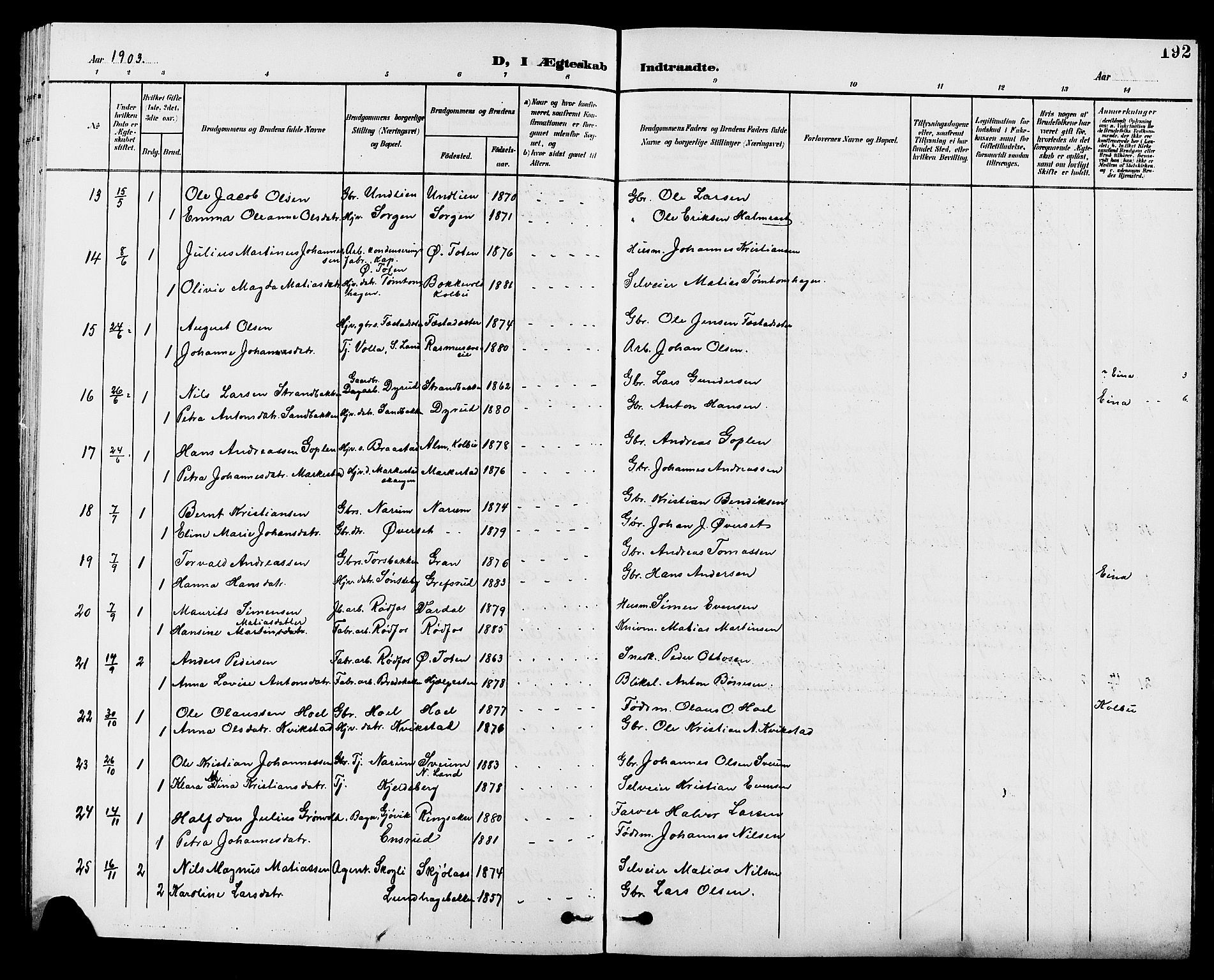 Vestre Toten prestekontor, SAH/PREST-108/H/Ha/Hab/L0010: Parish register (copy) no. 10, 1900-1912, p. 192