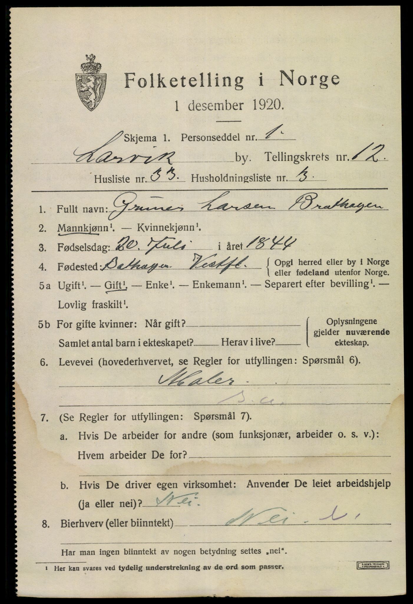 SAKO, 1920 census for Larvik, 1920, p. 31022