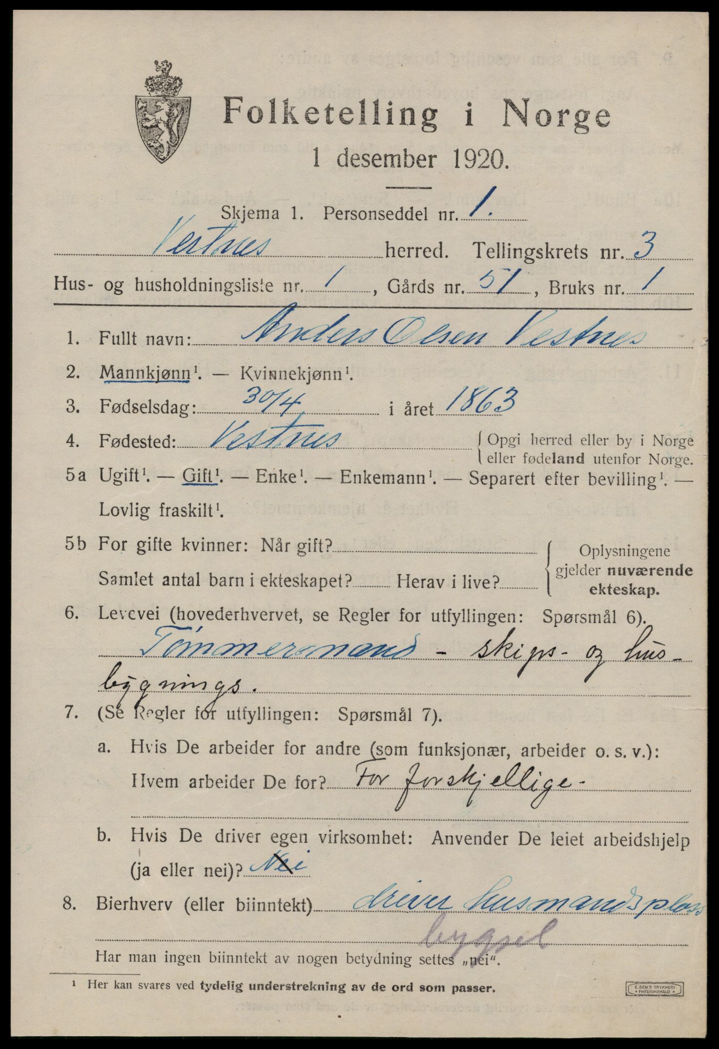 SAT, 1920 census for Vestnes, 1920, p. 2677