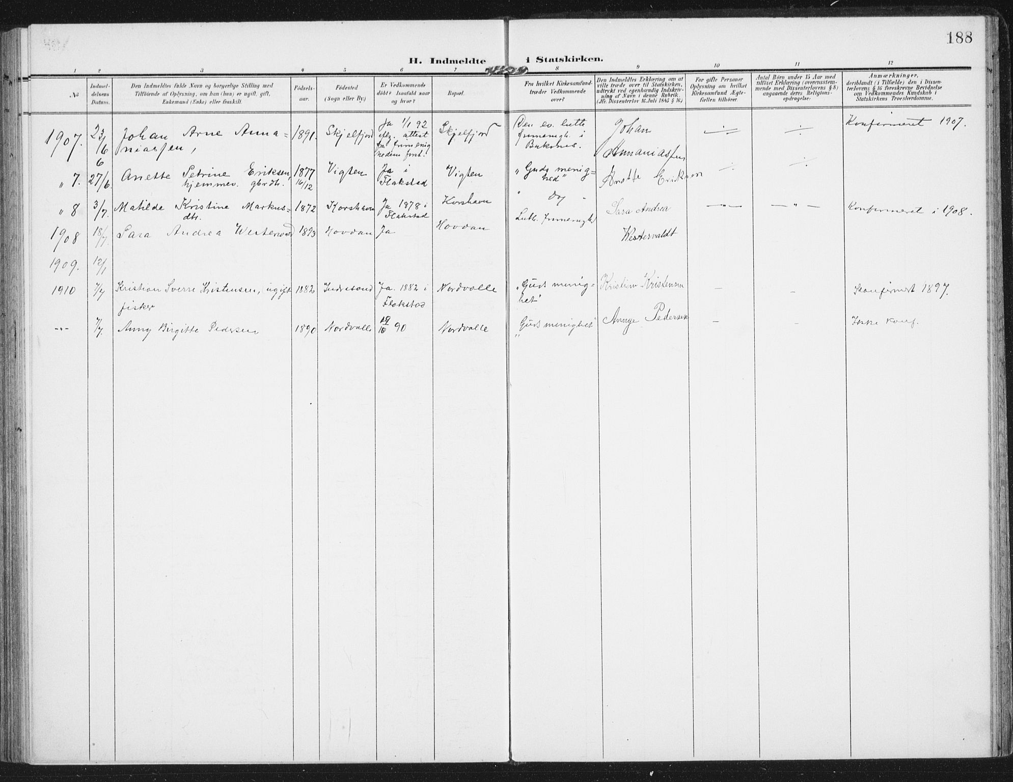 Ministerialprotokoller, klokkerbøker og fødselsregistre - Nordland, SAT/A-1459/885/L1206: Parish register (official) no. 885A07, 1905-1915, p. 188