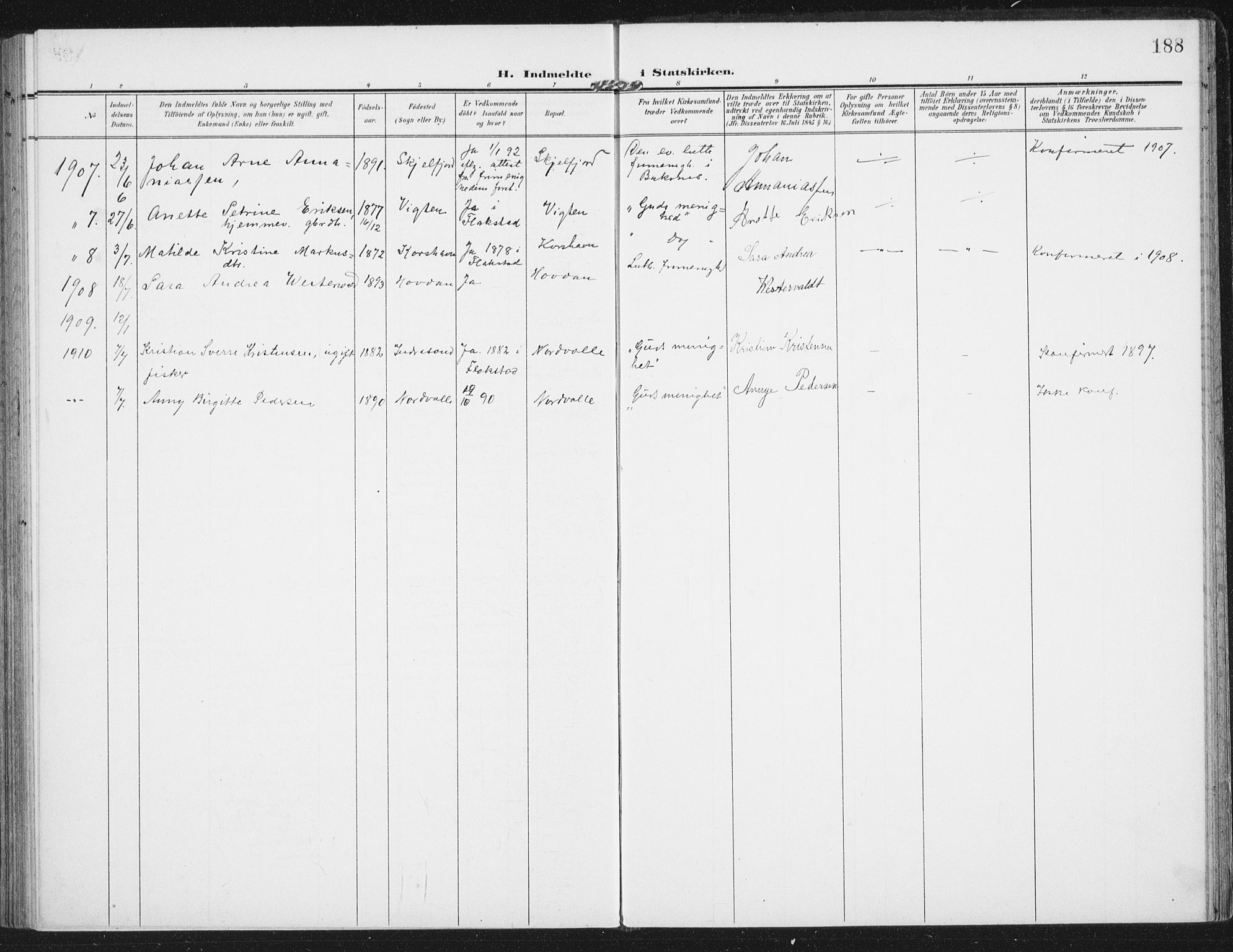 Ministerialprotokoller, klokkerbøker og fødselsregistre - Nordland, AV/SAT-A-1459/885/L1206: Parish register (official) no. 885A07, 1905-1915, p. 188