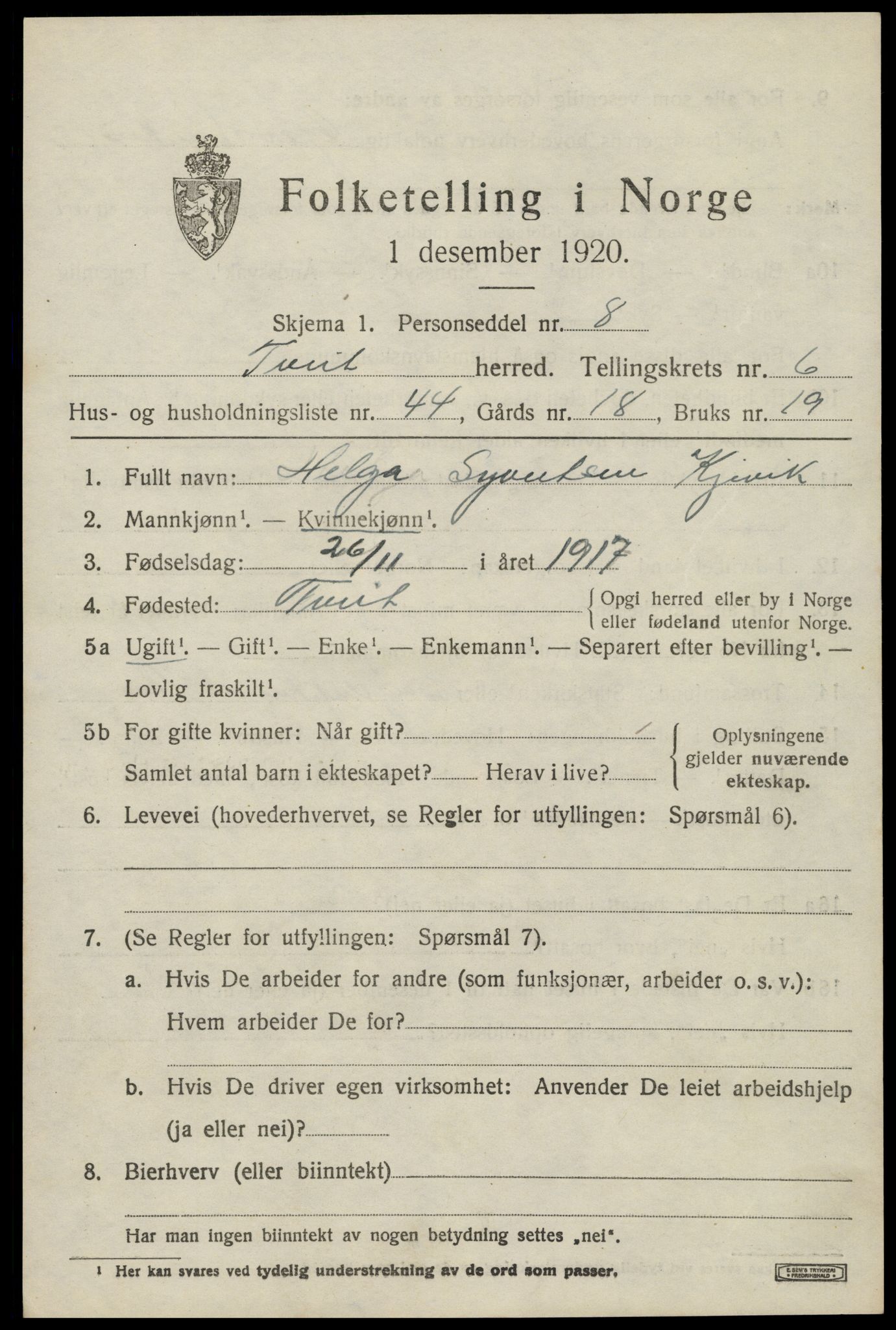 SAK, 1920 census for Tveit, 1920, p. 3194