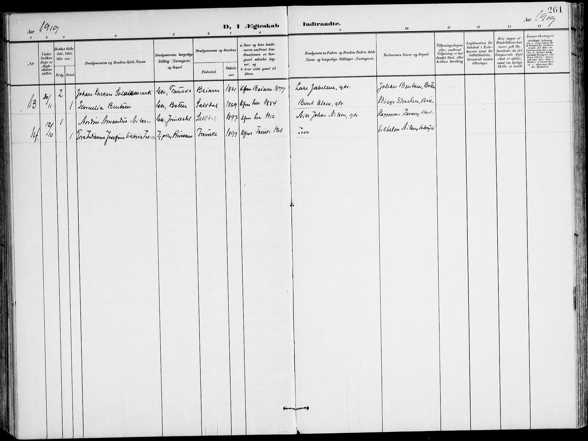 Ministerialprotokoller, klokkerbøker og fødselsregistre - Nordland, AV/SAT-A-1459/847/L0672: Parish register (official) no. 847A12, 1902-1919, p. 261