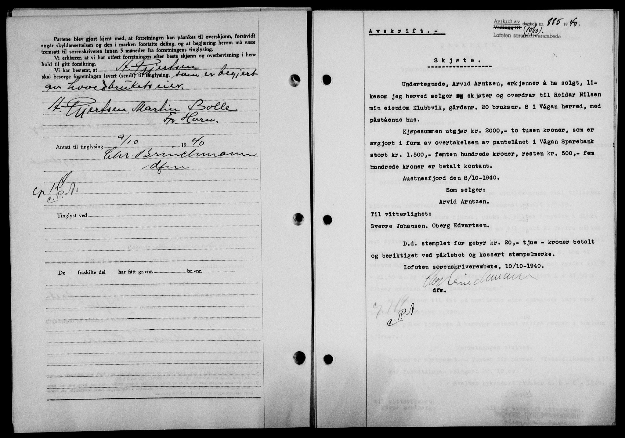 Lofoten sorenskriveri, SAT/A-0017/1/2/2C/L0007a: Mortgage book no. 7a, 1939-1940, Diary no: : 885/1940