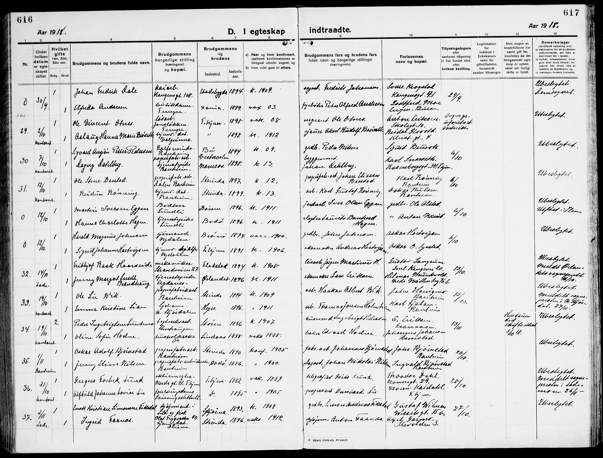 Ministerialprotokoller, klokkerbøker og fødselsregistre - Sør-Trøndelag, SAT/A-1456/607/L0321: Parish register (official) no. 607A05, 1916-1935, p. 616-617