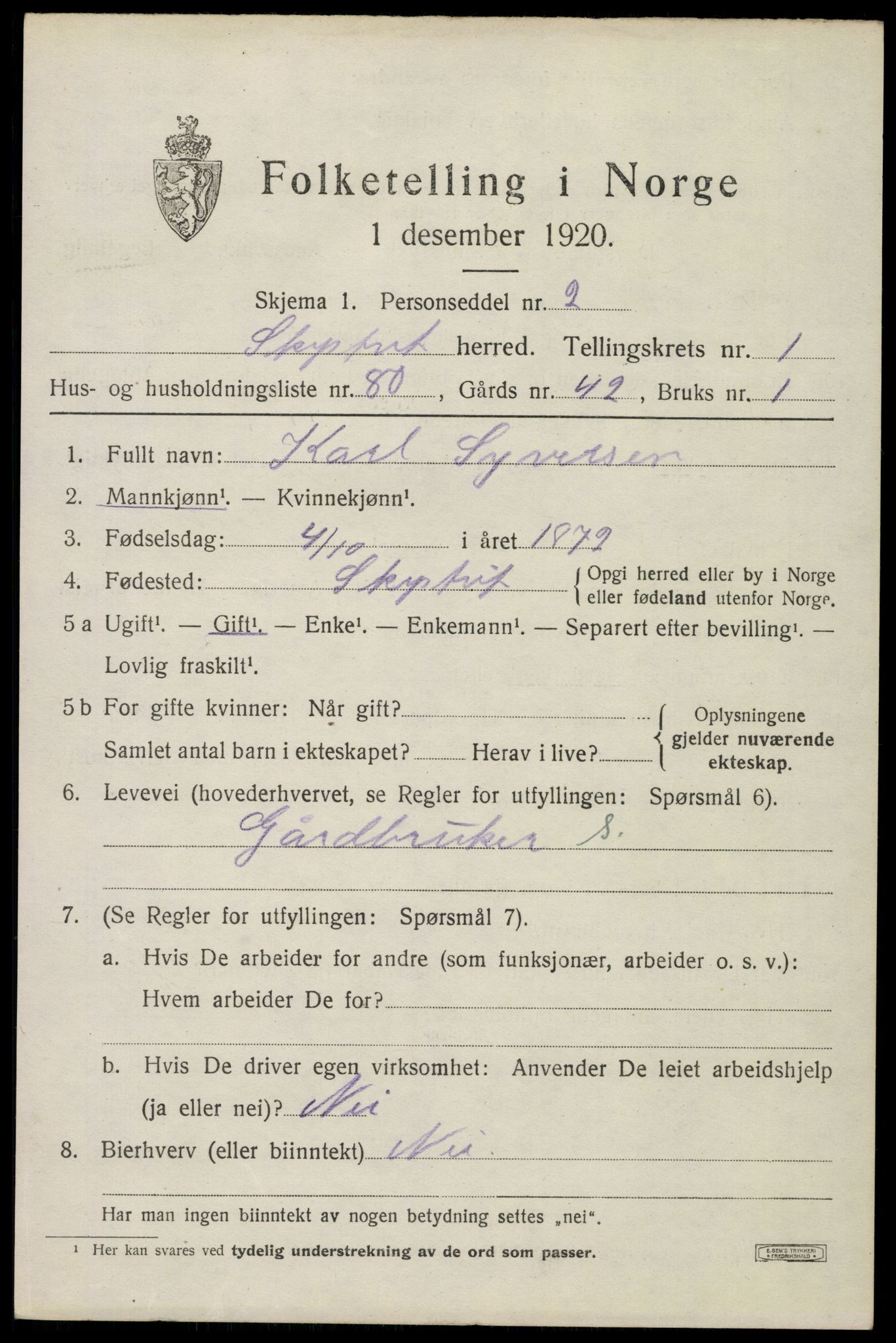 SAO, 1920 census for Skiptvet, 1920, p. 1847