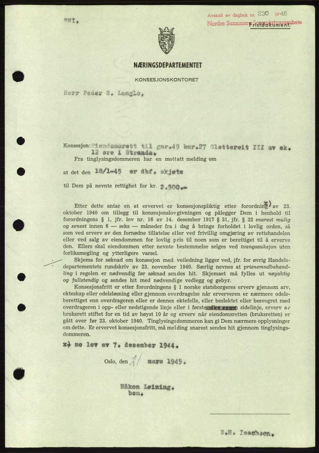 Nordre Sunnmøre sorenskriveri, SAT/A-0006/1/2/2C/2Ca: Mortgage book no. B6-14 a, 1942-1945, Diary no: : 230/1945