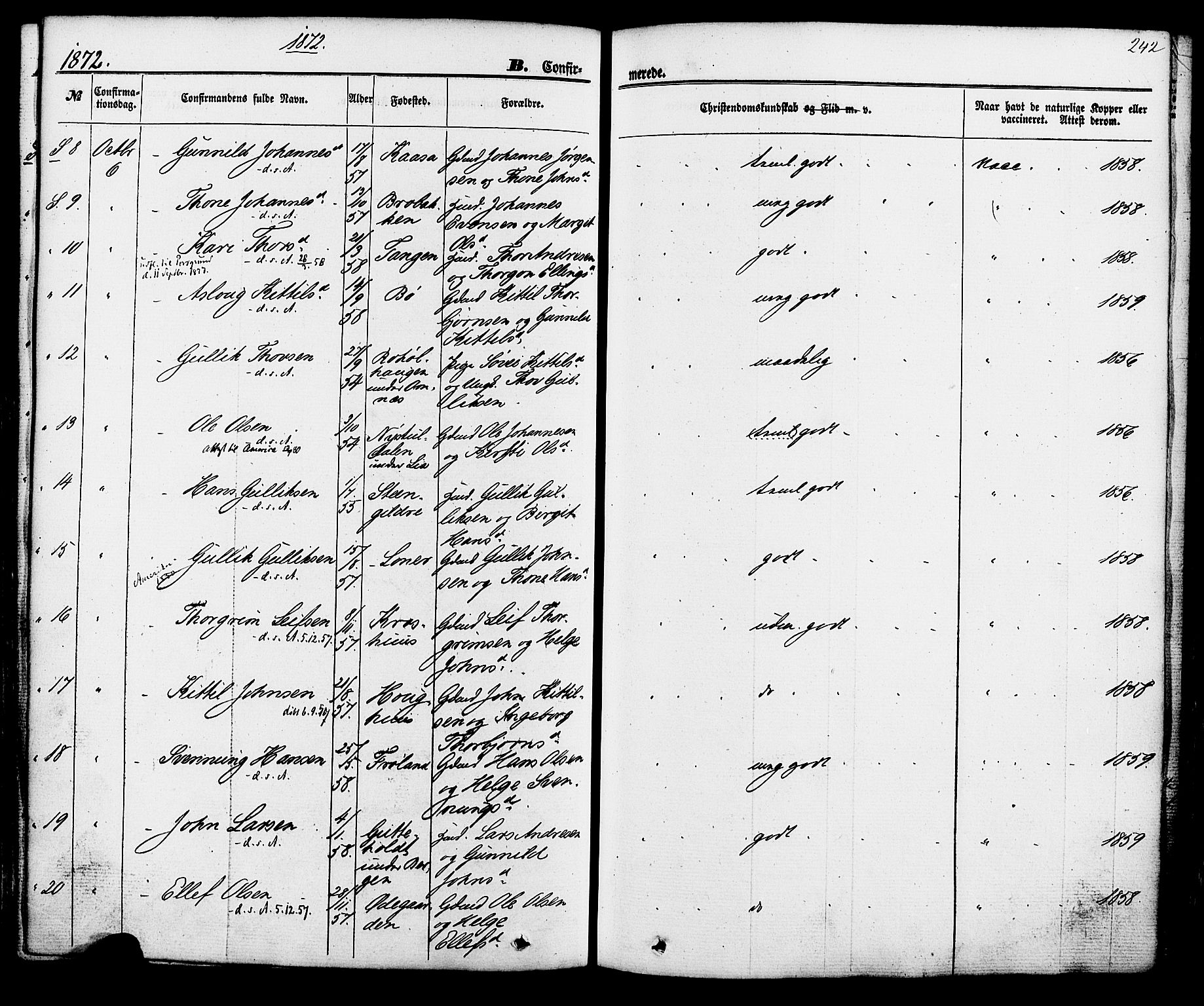Hjartdal kirkebøker, SAKO/A-270/F/Fa/L0009: Parish register (official) no. I 9, 1860-1879, p. 242