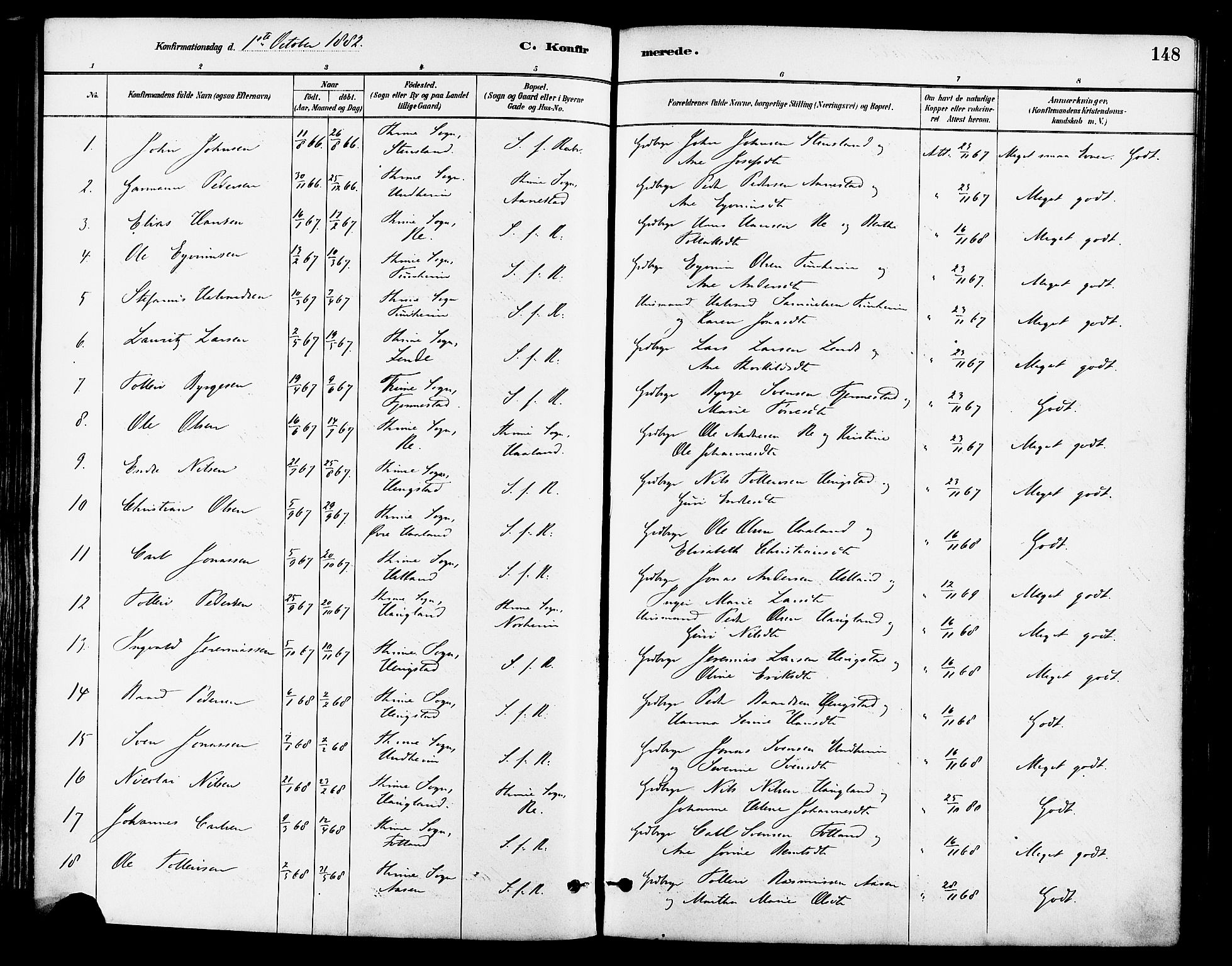 Lye sokneprestkontor, AV/SAST-A-101794/001/30BA/L0009: Parish register (official) no. A 8, 1881-1892, p. 148