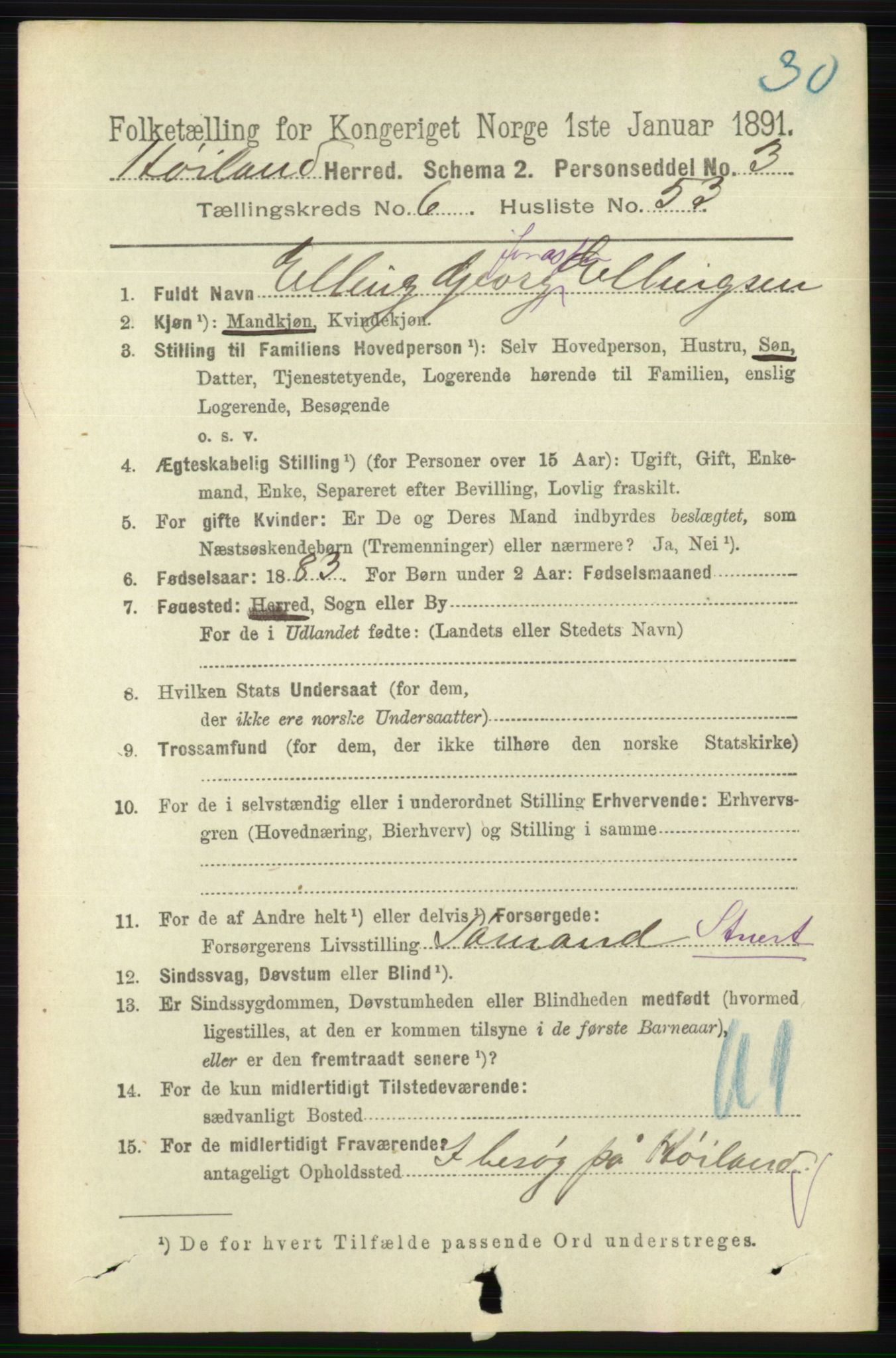 RA, 1891 census for 1123 Høyland, 1891, p. 2308