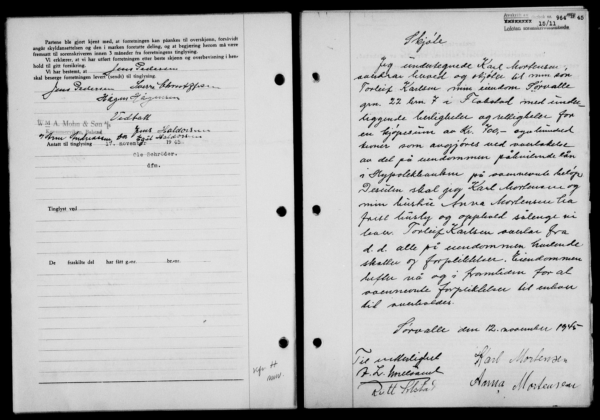 Lofoten sorenskriveri, SAT/A-0017/1/2/2C/L0013a: Mortgage book no. 13a, 1944-1946, Diary no: : 964/1945