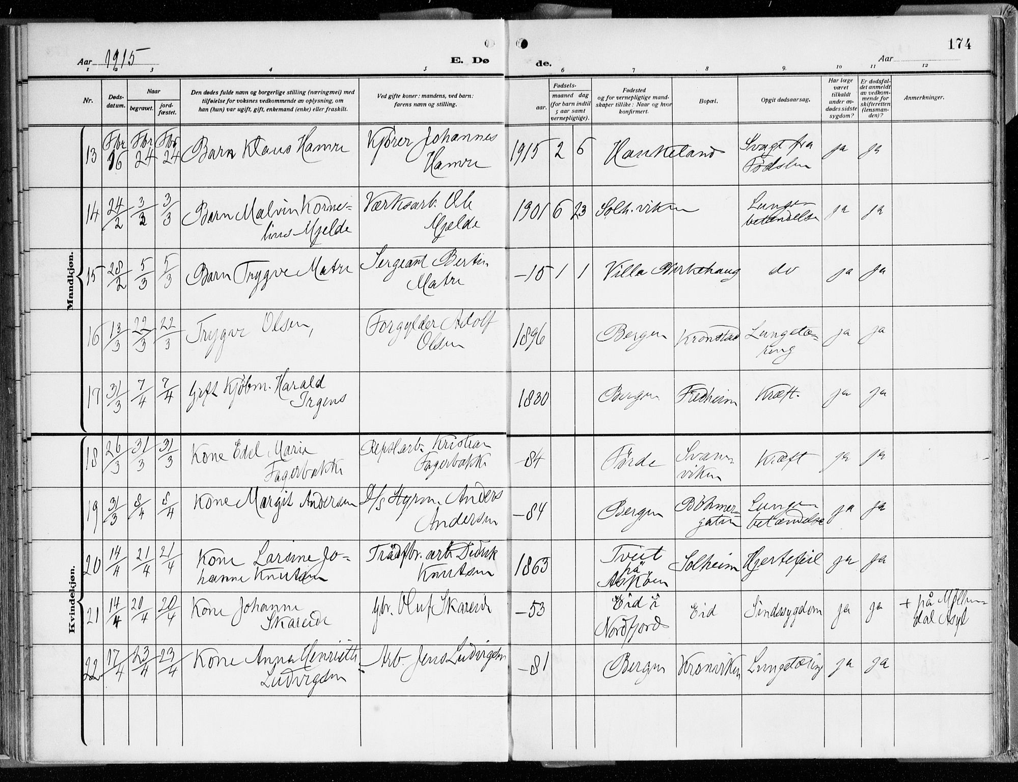 Årstad Sokneprestembete, AV/SAB-A-79301/H/Haa/L0003: Parish register (official) no. A 3, 1914-1919, p. 174