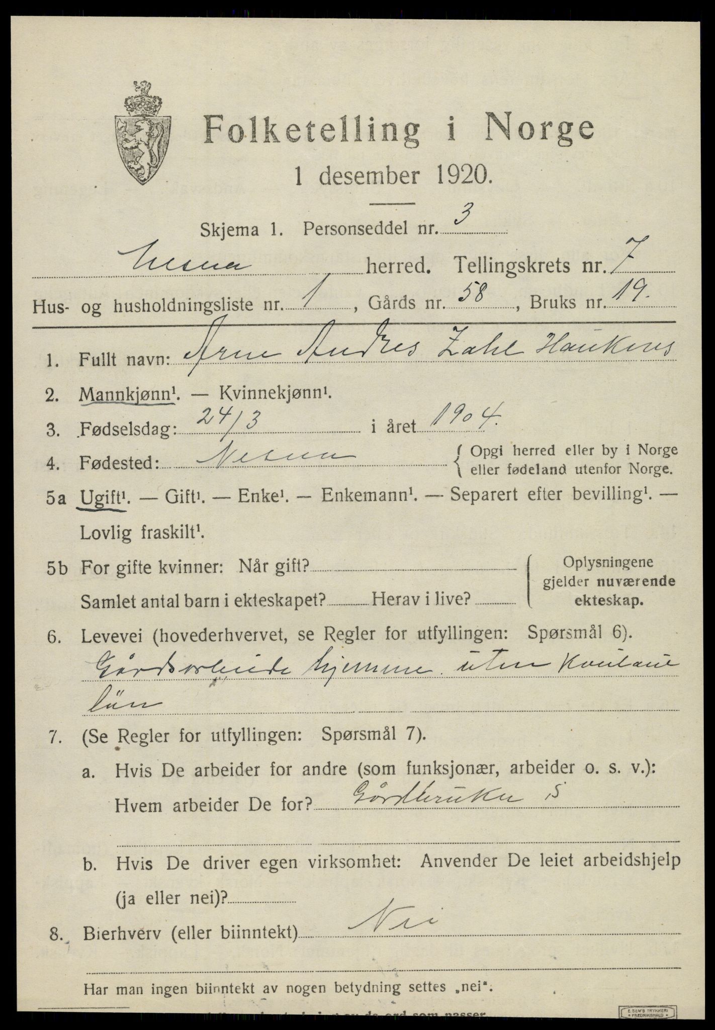 SAT, 1920 census for Nesna, 1920, p. 5199