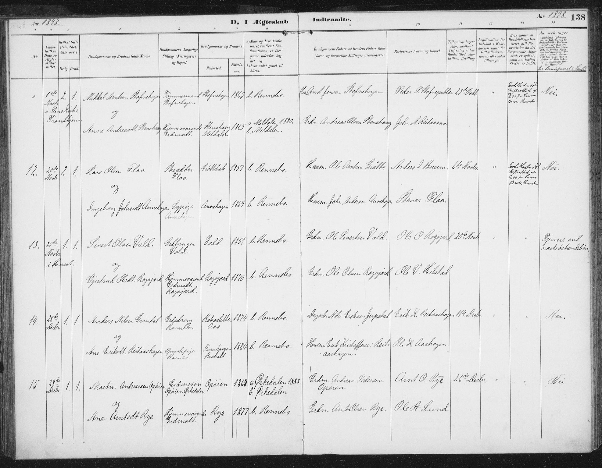 Ministerialprotokoller, klokkerbøker og fødselsregistre - Sør-Trøndelag, SAT/A-1456/674/L0872: Parish register (official) no. 674A04, 1897-1907, p. 138
