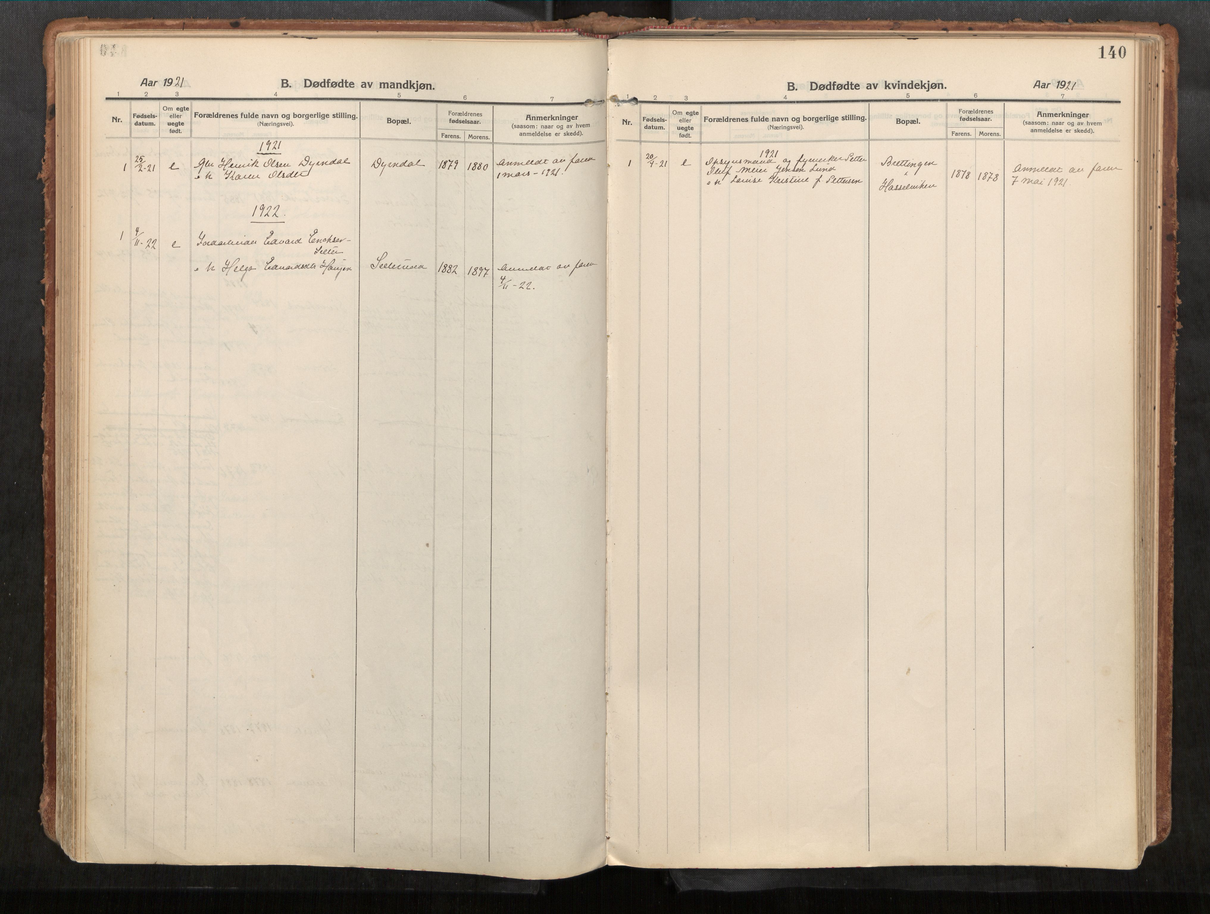 Stadsbygd sokneprestkontor, SAT/A-1117/1/I/I1/I1a/L0001: Parish register (official) no. 1, 1911-1929, p. 140