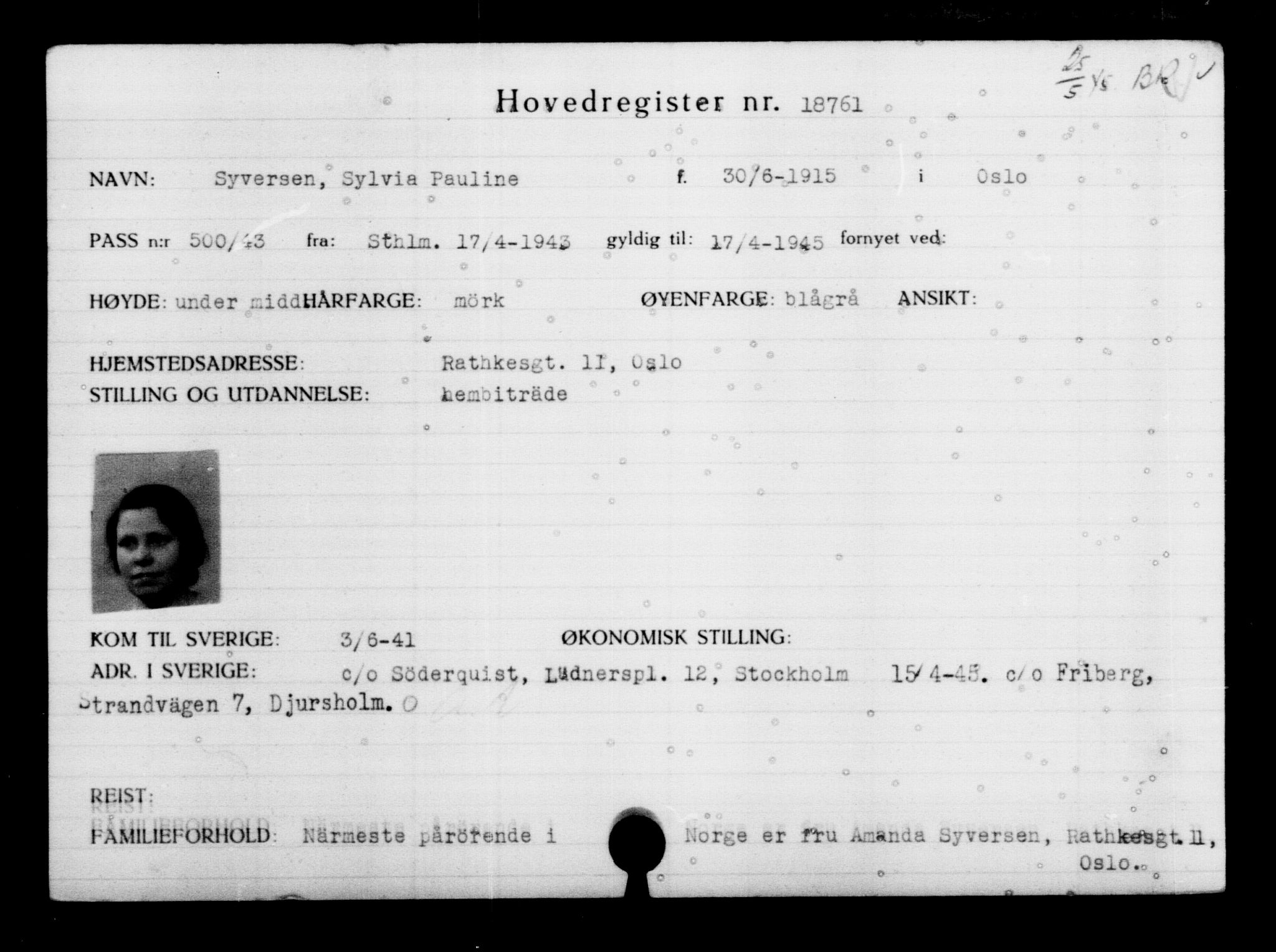 Utenriksstasjonene, Legasjonen i Stockholm, Flyktningkontoret, AV/RA-S-6753/V/Va/L0009: Kjesäterkartoteket, flyktninger med registreringsnr. 18502-22048, 1940-1945, p. 303