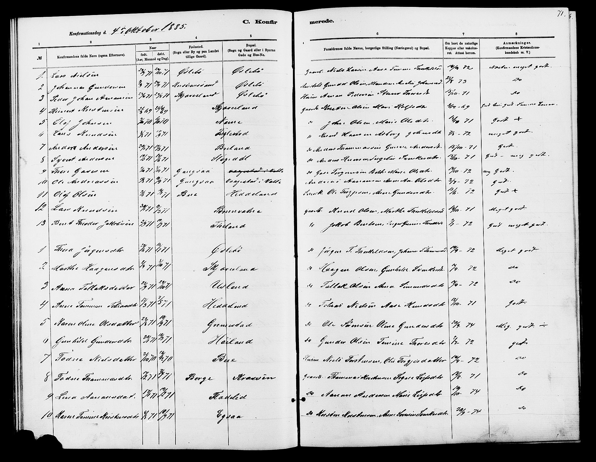 Holum sokneprestkontor, SAK/1111-0022/F/Fb/Fbc/L0003: Parish register (copy) no. B 3, 1882-1908, p. 71