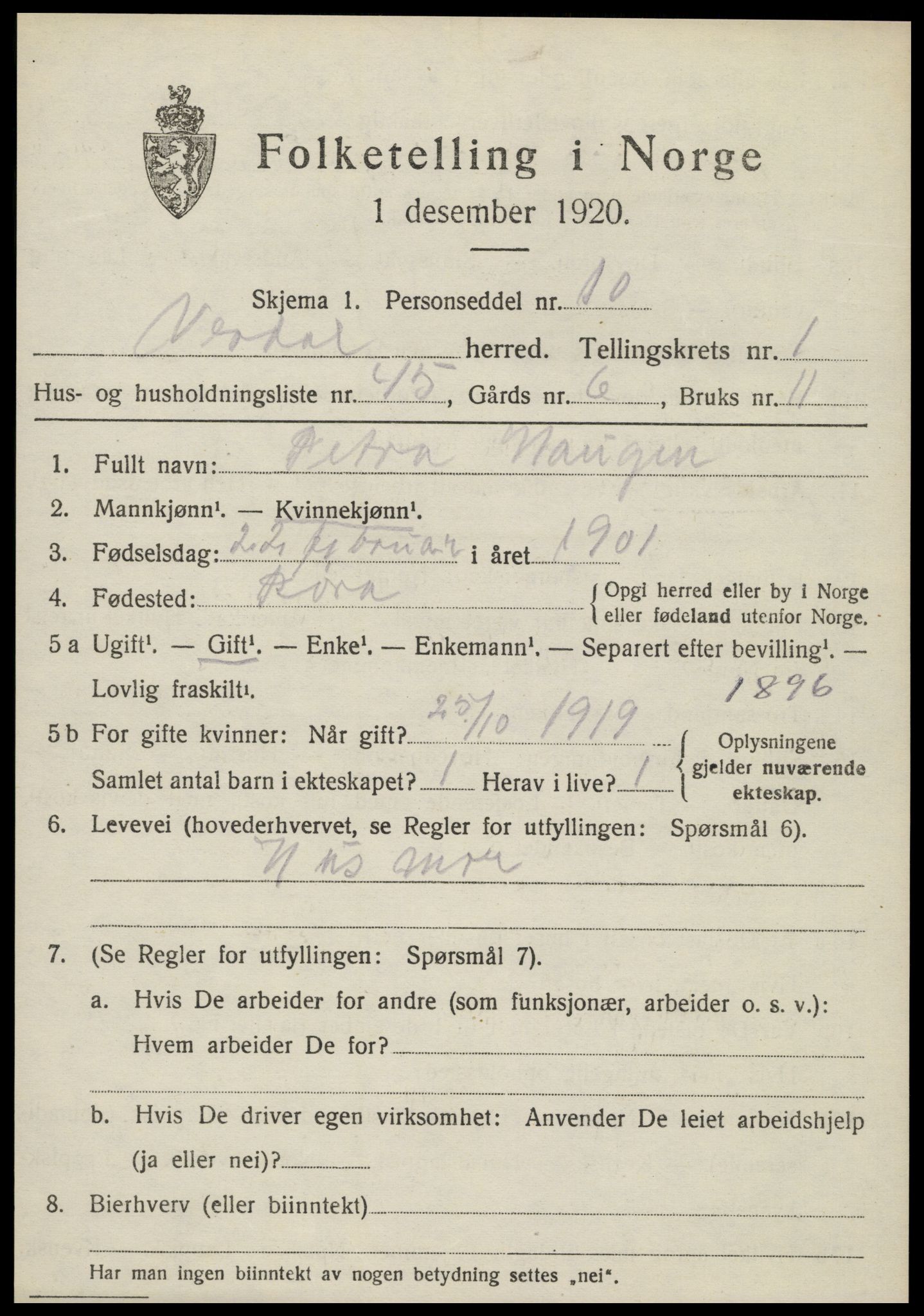 SAT, 1920 census for Verdal, 1920, p. 2893