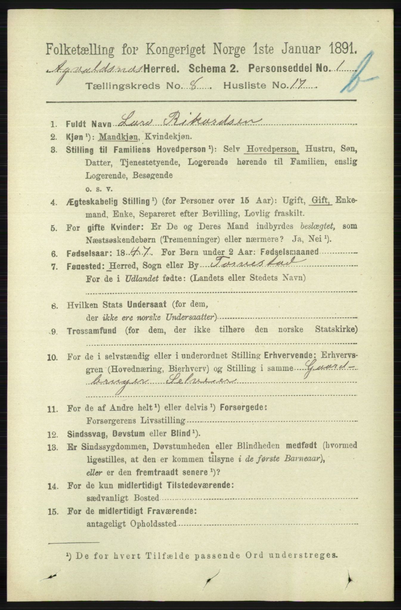 RA, 1891 census for 1147 Avaldsnes, 1891, p. 4293