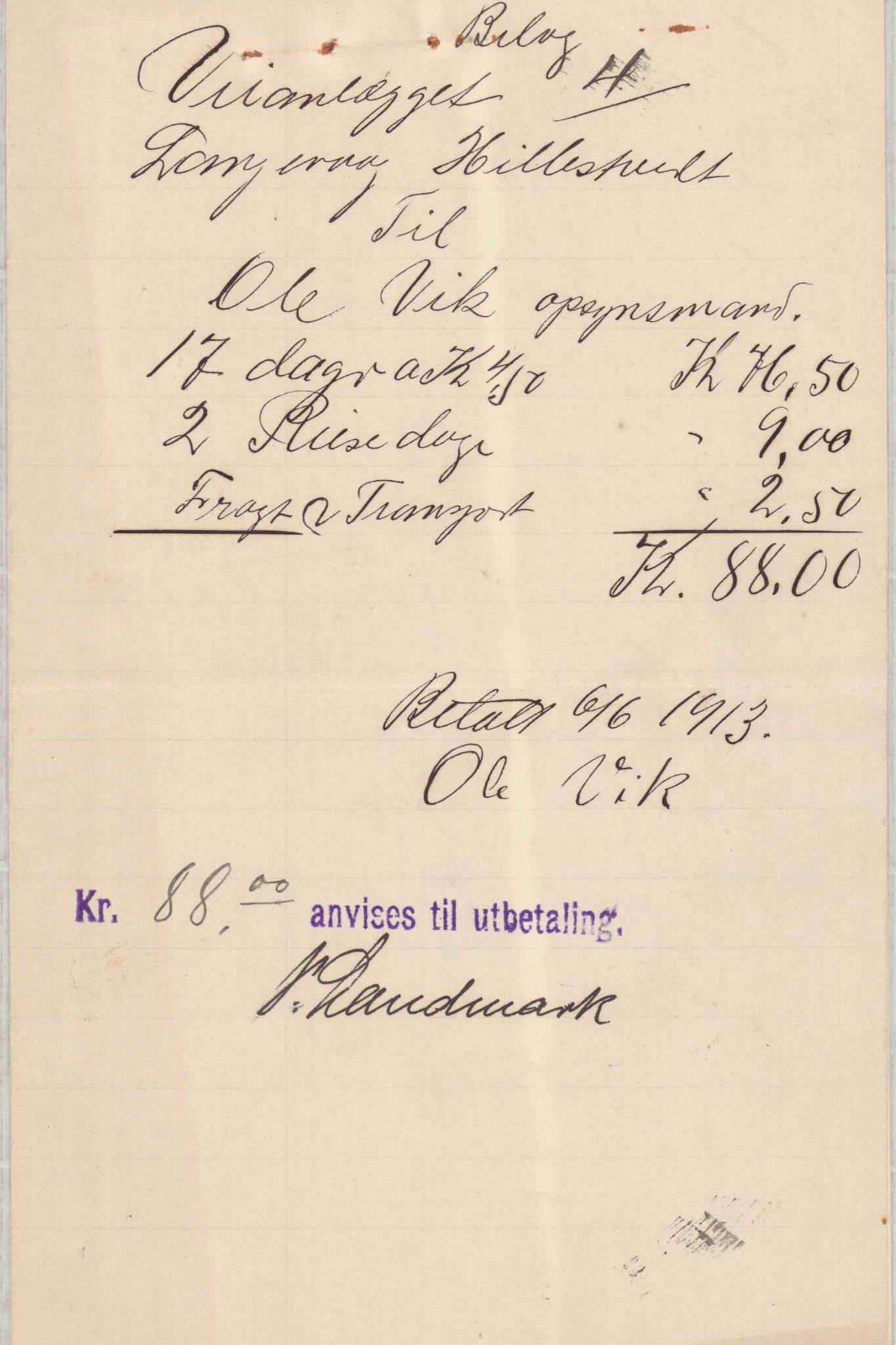 Finnaas kommune. Formannskapet, IKAH/1218a-021/E/Ea/L0001/0002: Rekneskap for veganlegg / Rekneskap for veganlegget Langevåg - Hillestvedt, 1913, p. 6