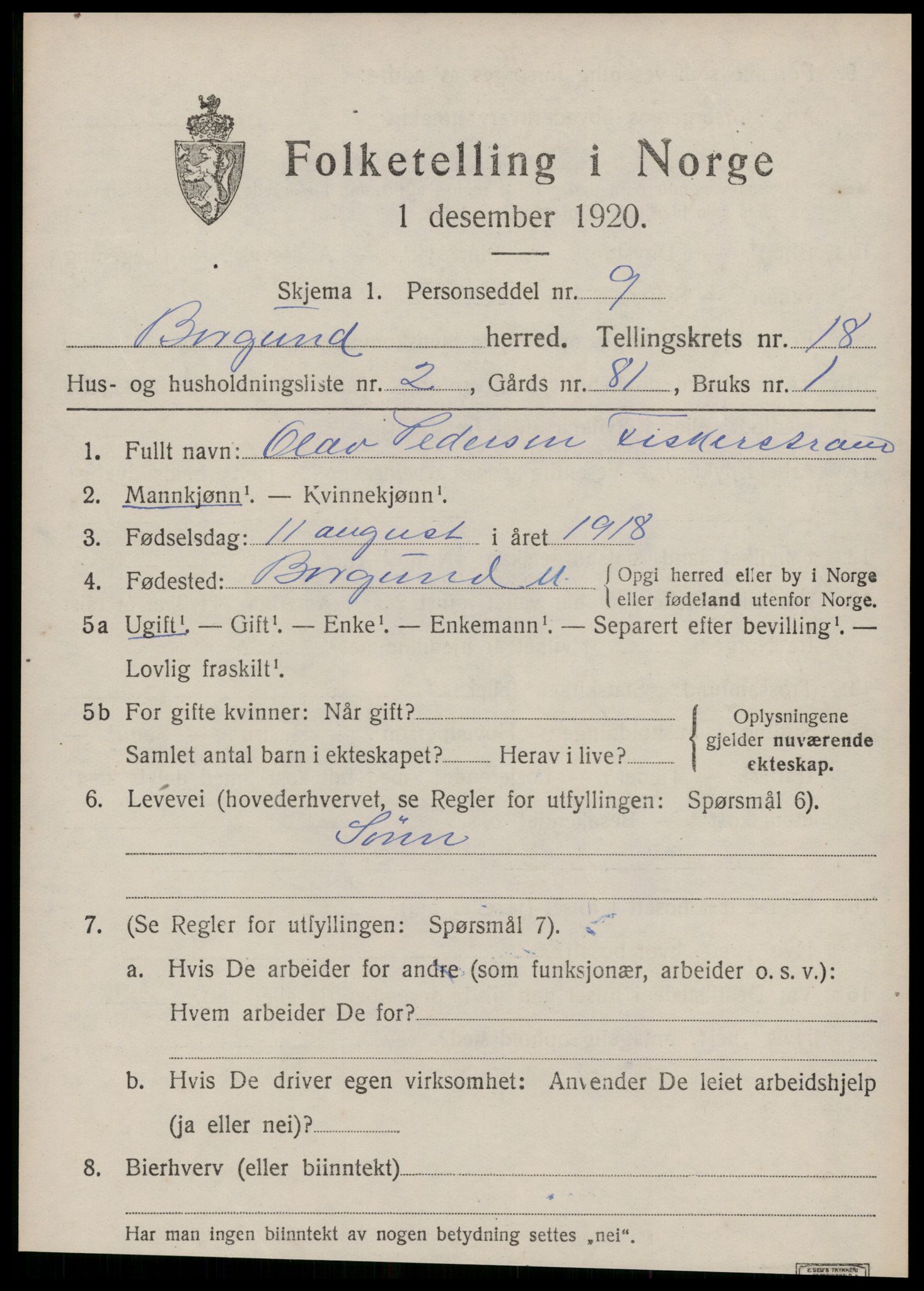 SAT, 1920 census for Borgund, 1920, p. 12960