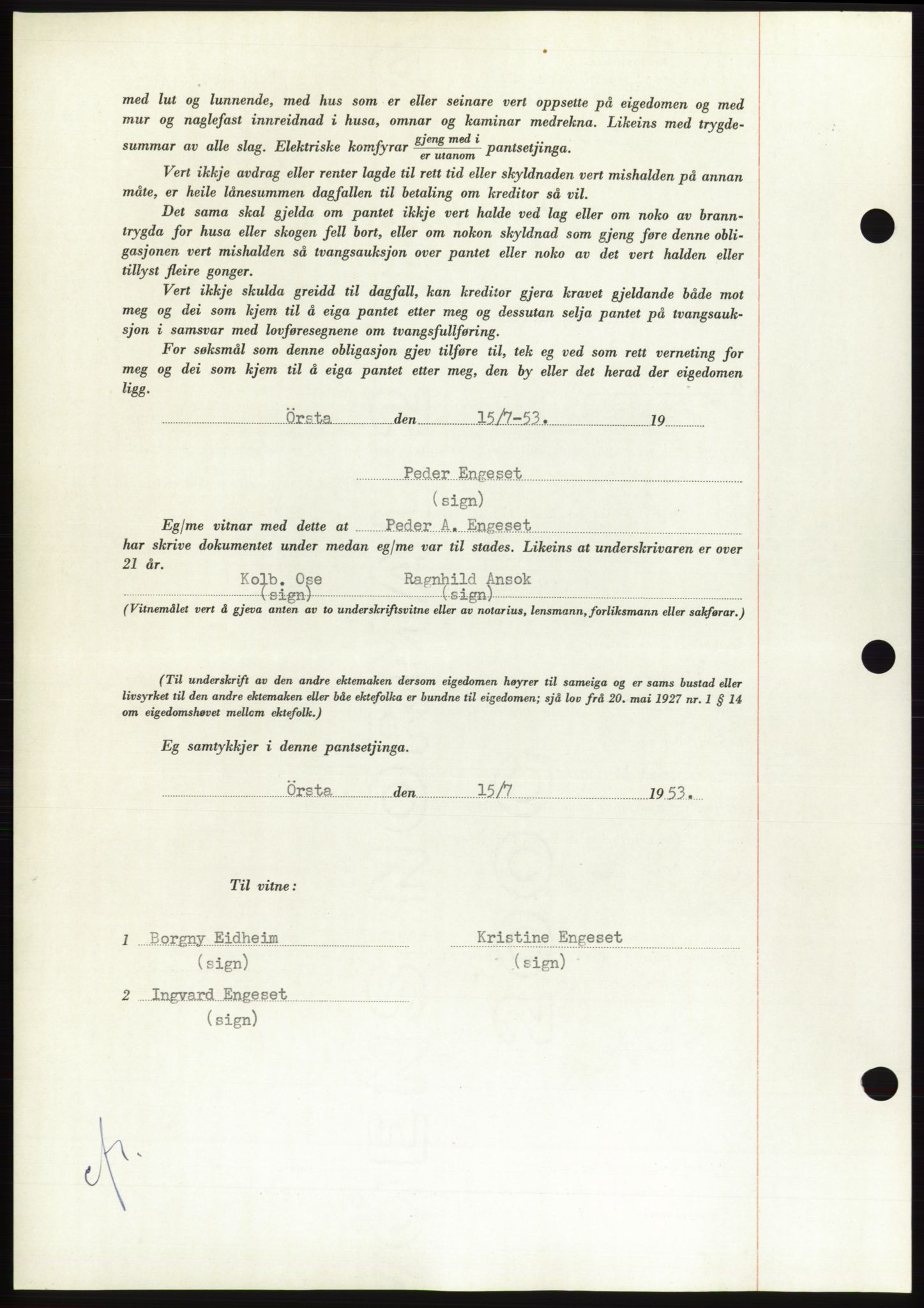 Søre Sunnmøre sorenskriveri, SAT/A-4122/1/2/2C/L0123: Mortgage book no. 11B, 1953-1953, Diary no: : 1843/1953