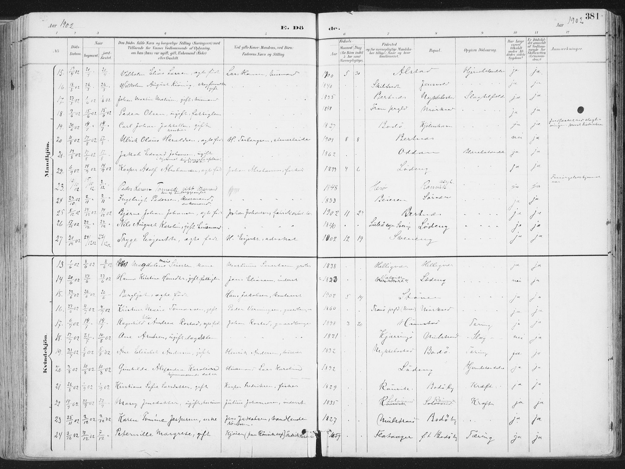 Ministerialprotokoller, klokkerbøker og fødselsregistre - Nordland, AV/SAT-A-1459/802/L0055: Parish register (official) no. 802A02, 1894-1915, p. 381