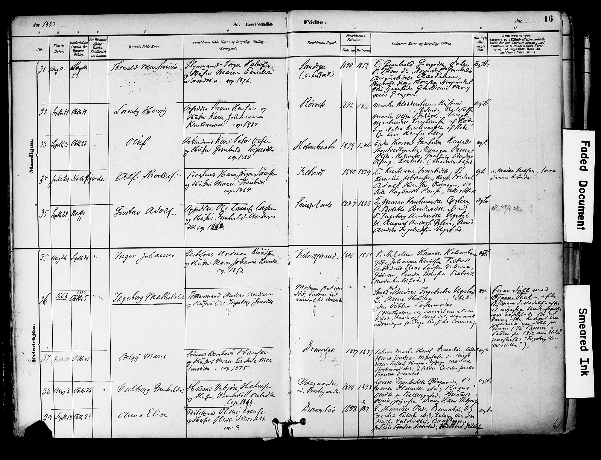 Hurum kirkebøker, SAKO/A-229/F/Fa/L0014: Parish register (official) no. 14, 1882-1895, p. 16