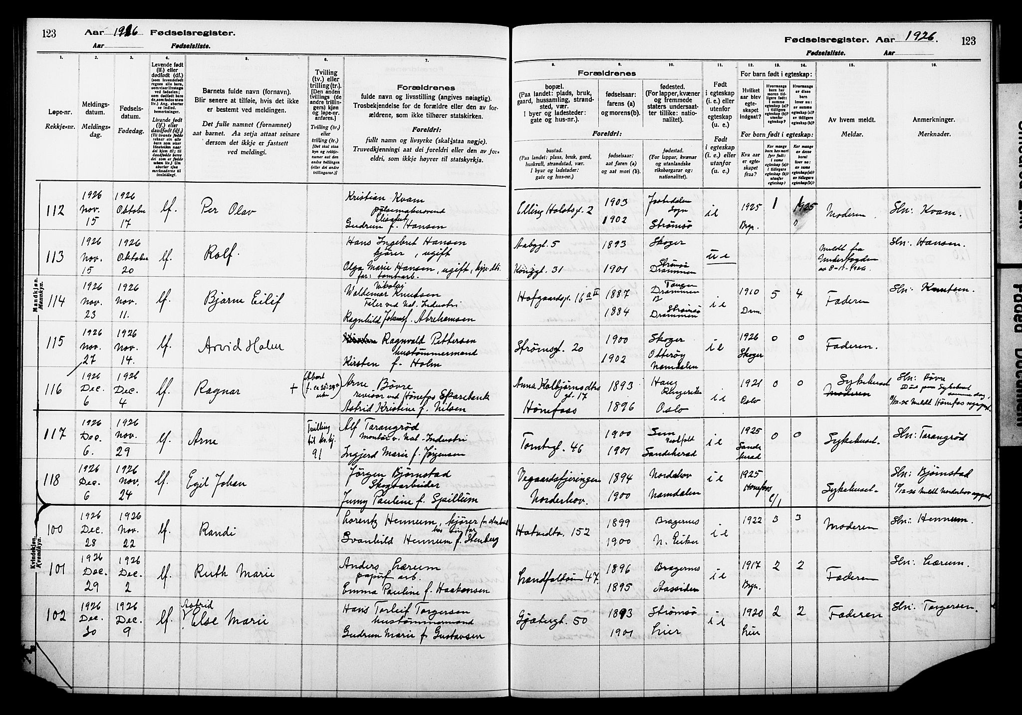 Bragernes kirkebøker, AV/SAKO-A-6/J/Ja/L0002: Birth register no. 2, 1922-1930, p. 123