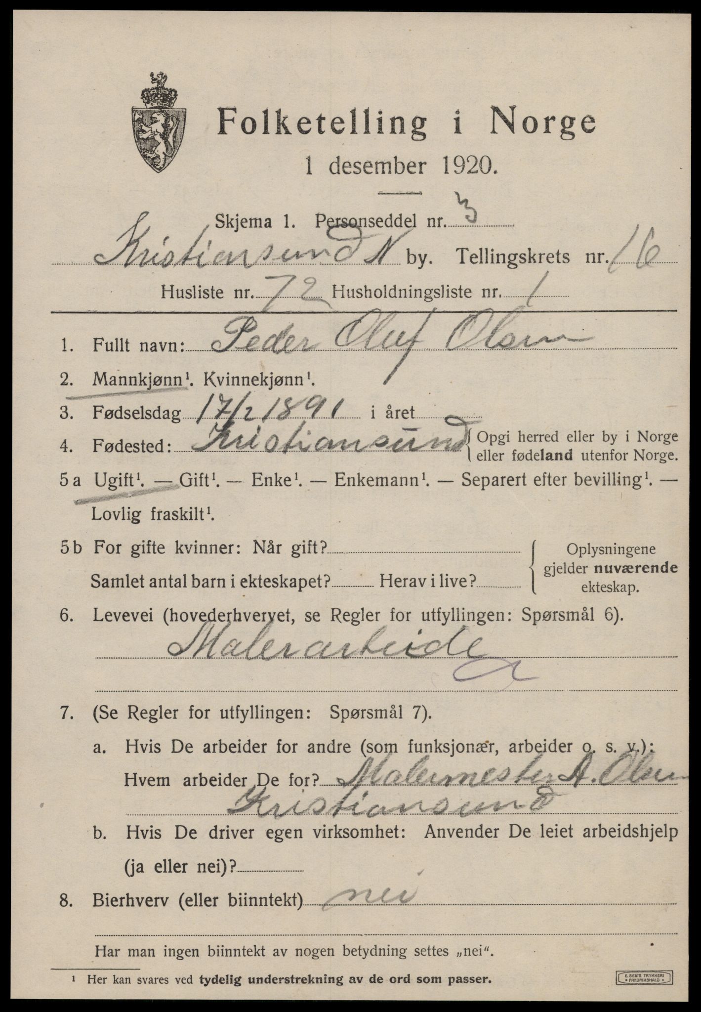 SAT, 1920 census for Kristiansund, 1920, p. 35447