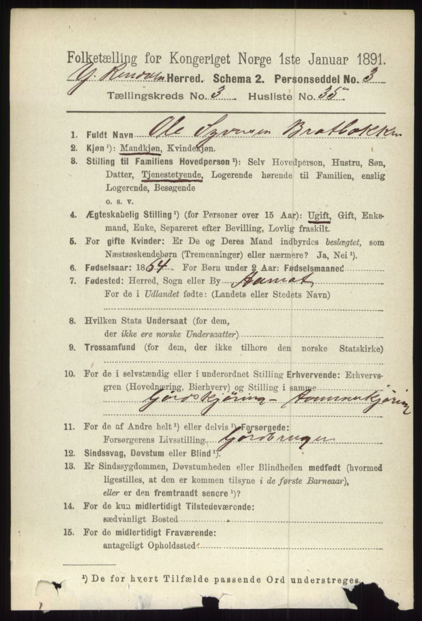 RA, 1891 census for 0432 Ytre Rendal, 1891, p. 680