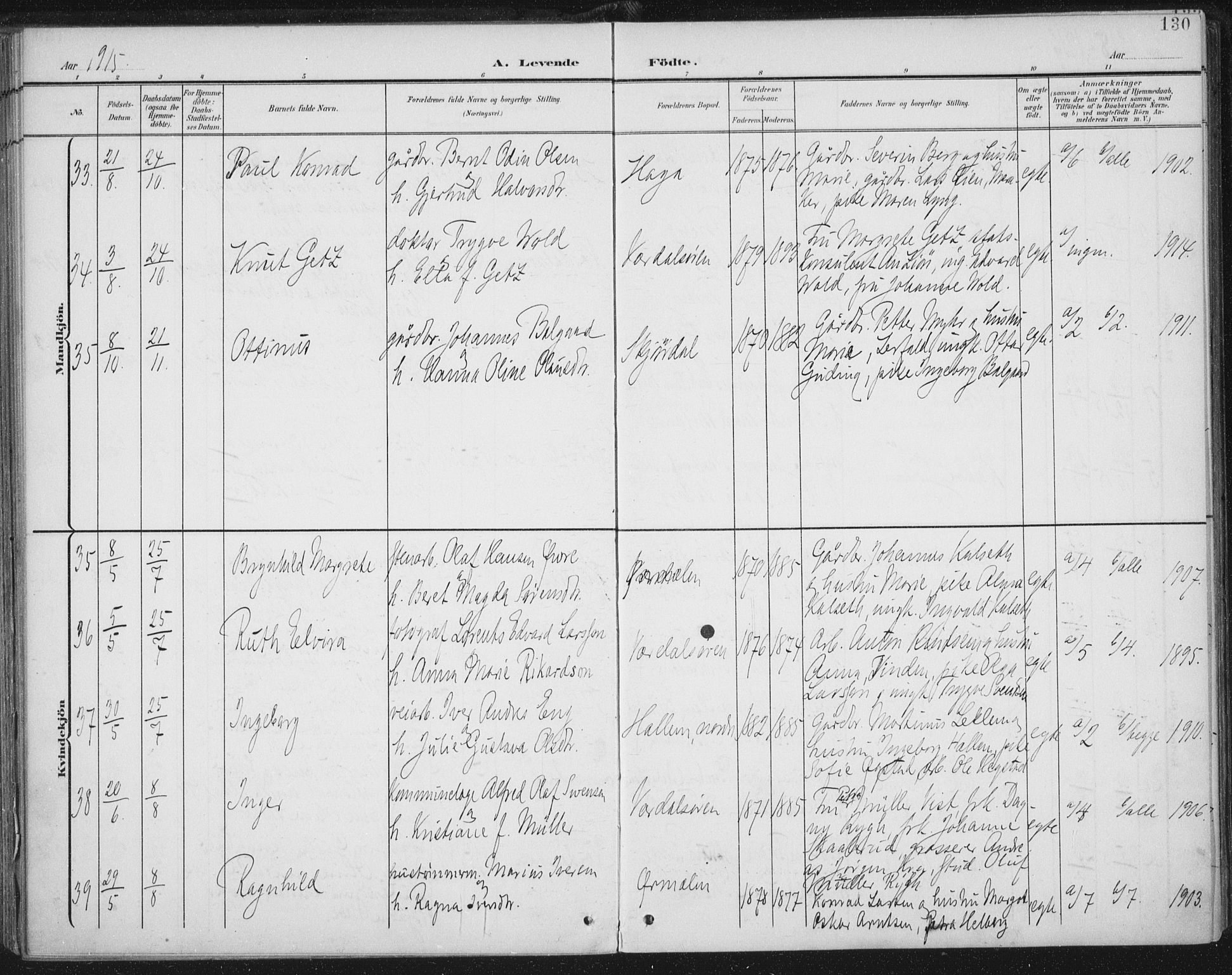 Ministerialprotokoller, klokkerbøker og fødselsregistre - Nord-Trøndelag, SAT/A-1458/723/L0246: Parish register (official) no. 723A15, 1900-1917, p. 130
